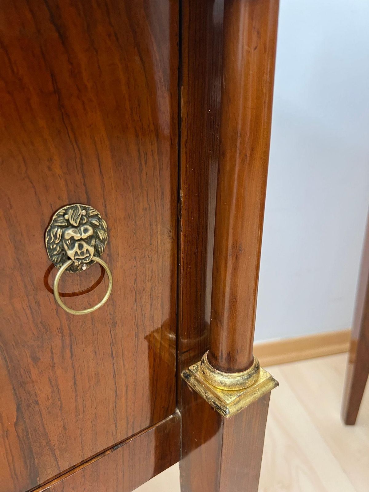 photo vinterior Empire Nightstands, Walnut, Full Columns, Gold Leaf, Brass, Italy, Circa 1810