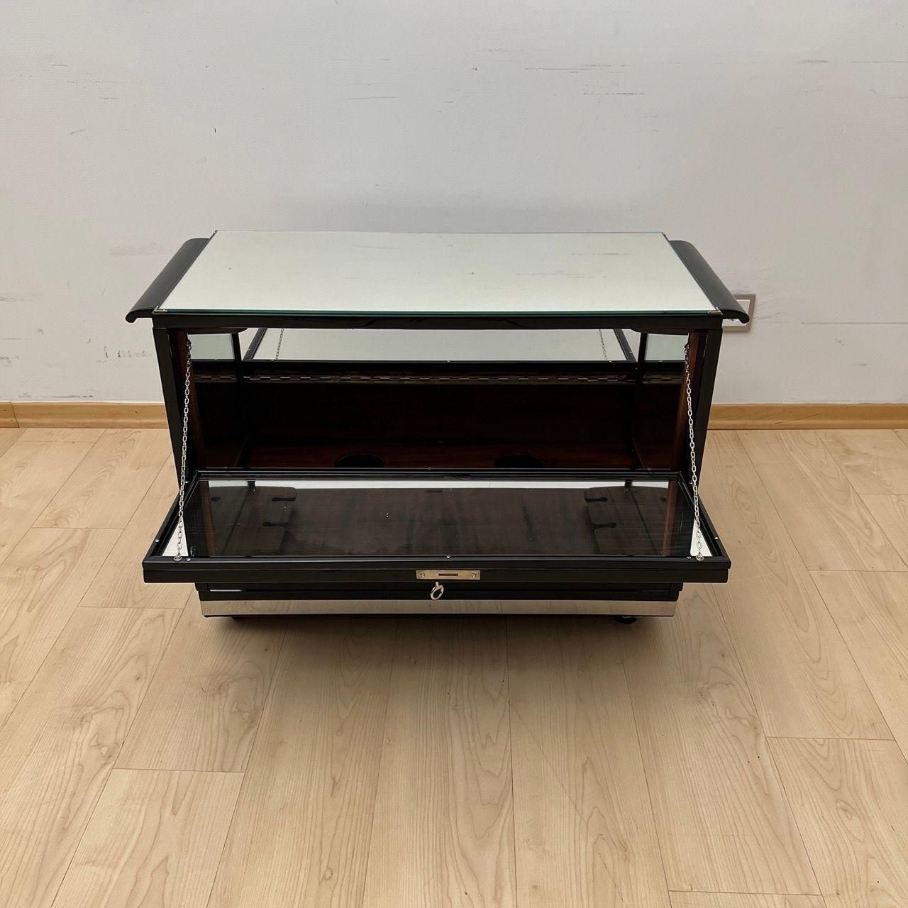 Art Deco Bar Cart, Black Lacquer, Mahogany, Mirrors, Chrome, France Circa 1930 photo vinterior