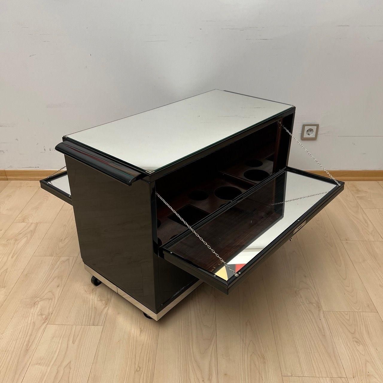Art Deco Bar Cart, Black Lacquer, Mahogany, Mirrors, Chrome, France Circa 1930 photo vintage