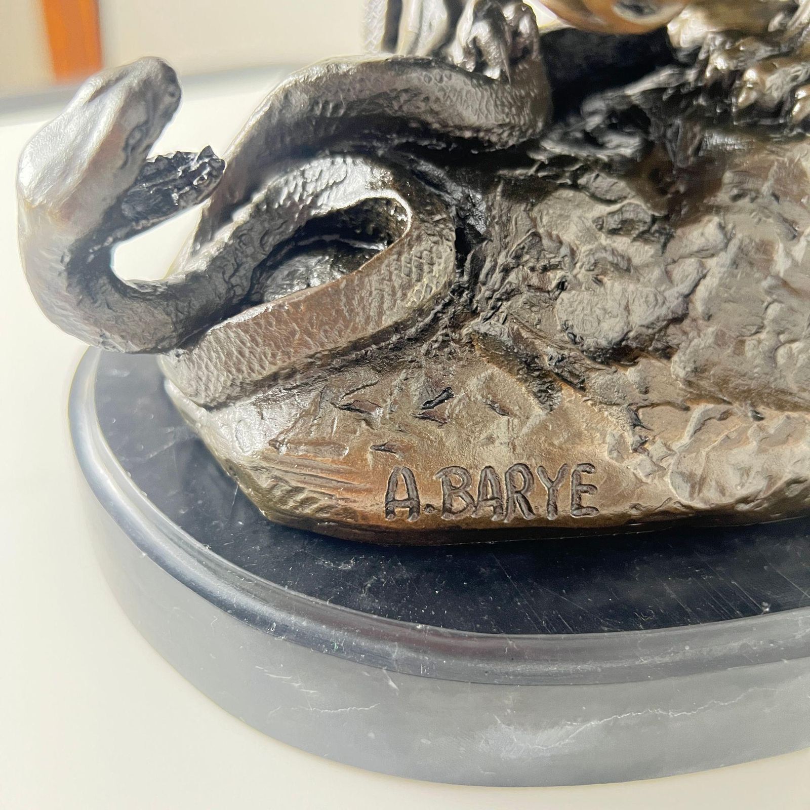 Bronze Sculpture, Lion With Snake, After A. Barye, France, 20th Century. photo Art