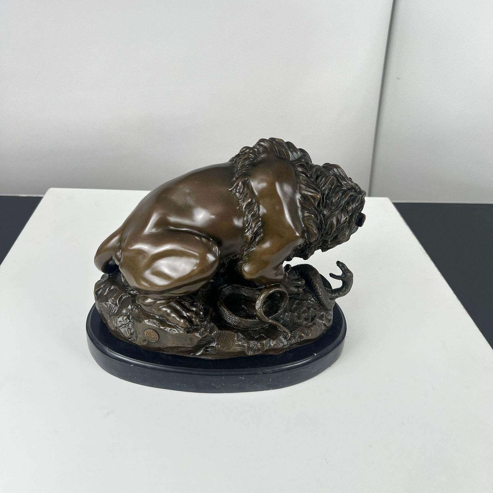 Bronze Sculpture, Lion With Snake, After A. Barye, France, 20th Century. photo vintage