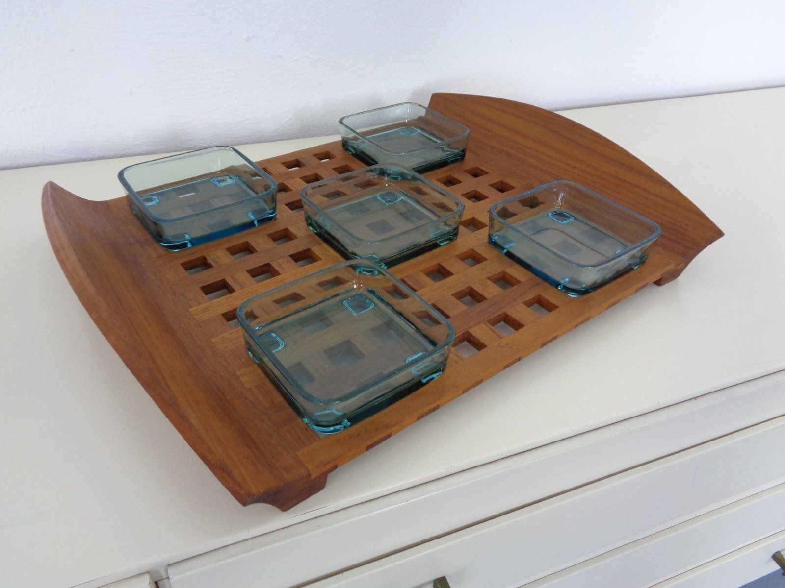 Teak Tray With Glass Bowls By Jens Quistgaard For Ihq Dansk Designs, 1960s, Set Of 6 photo for sale