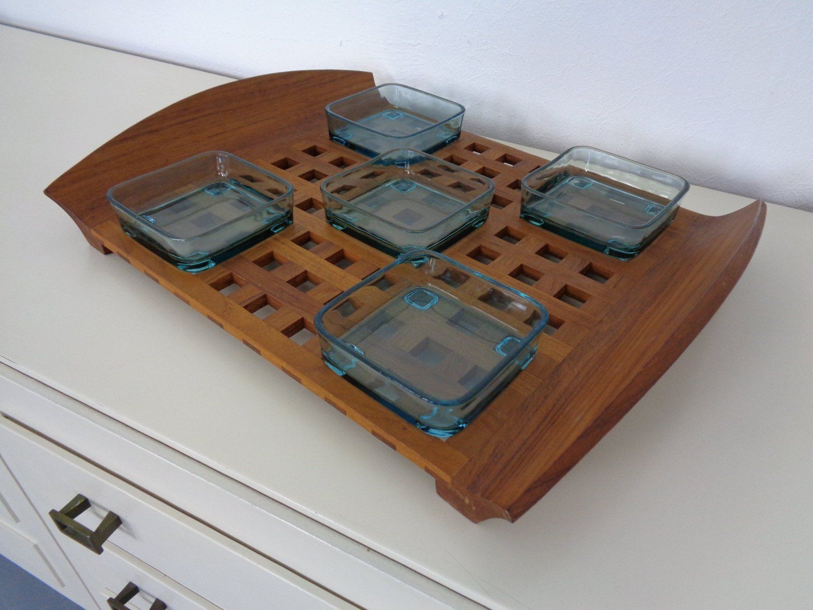 Teak Tray With Glass Bowls By Jens Quistgaard For Ihq Dansk Designs, 1960s, Set Of 6 photo 286.0