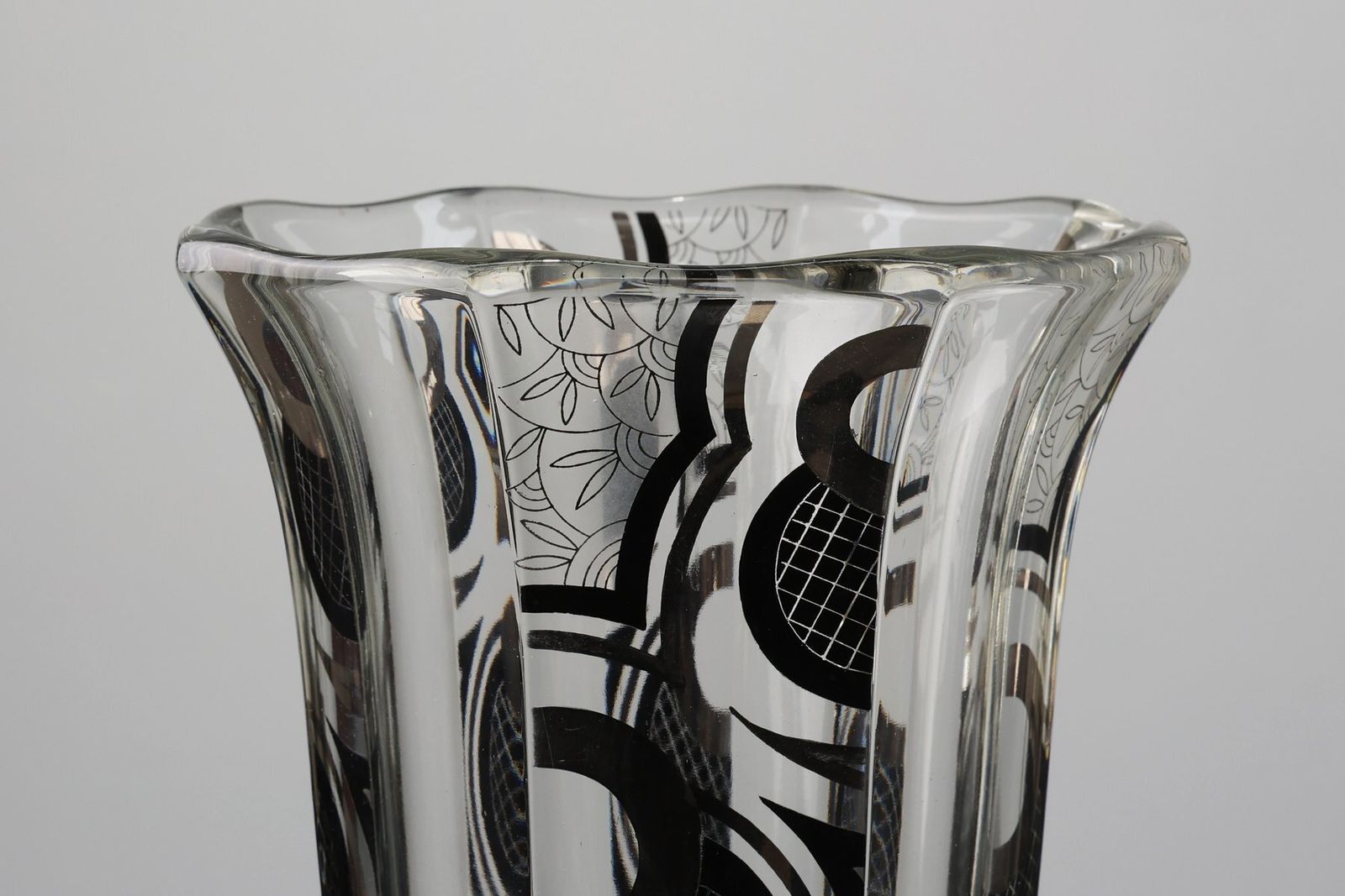 Art Deco Glass Vase With Black Graphic Decoration, France, 1940s photo Home Decor