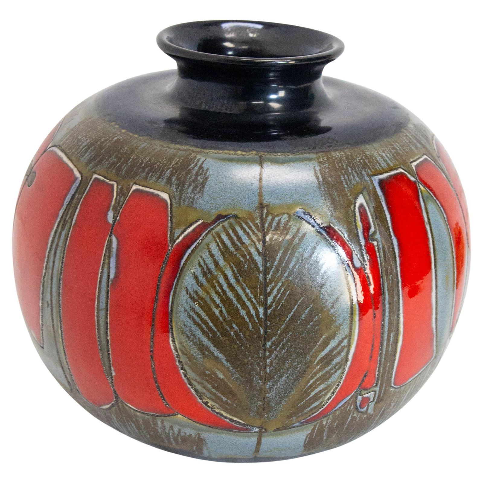 German Grey Red & Dark Blue Ceramic Vase Leaves Motifs Midcentury