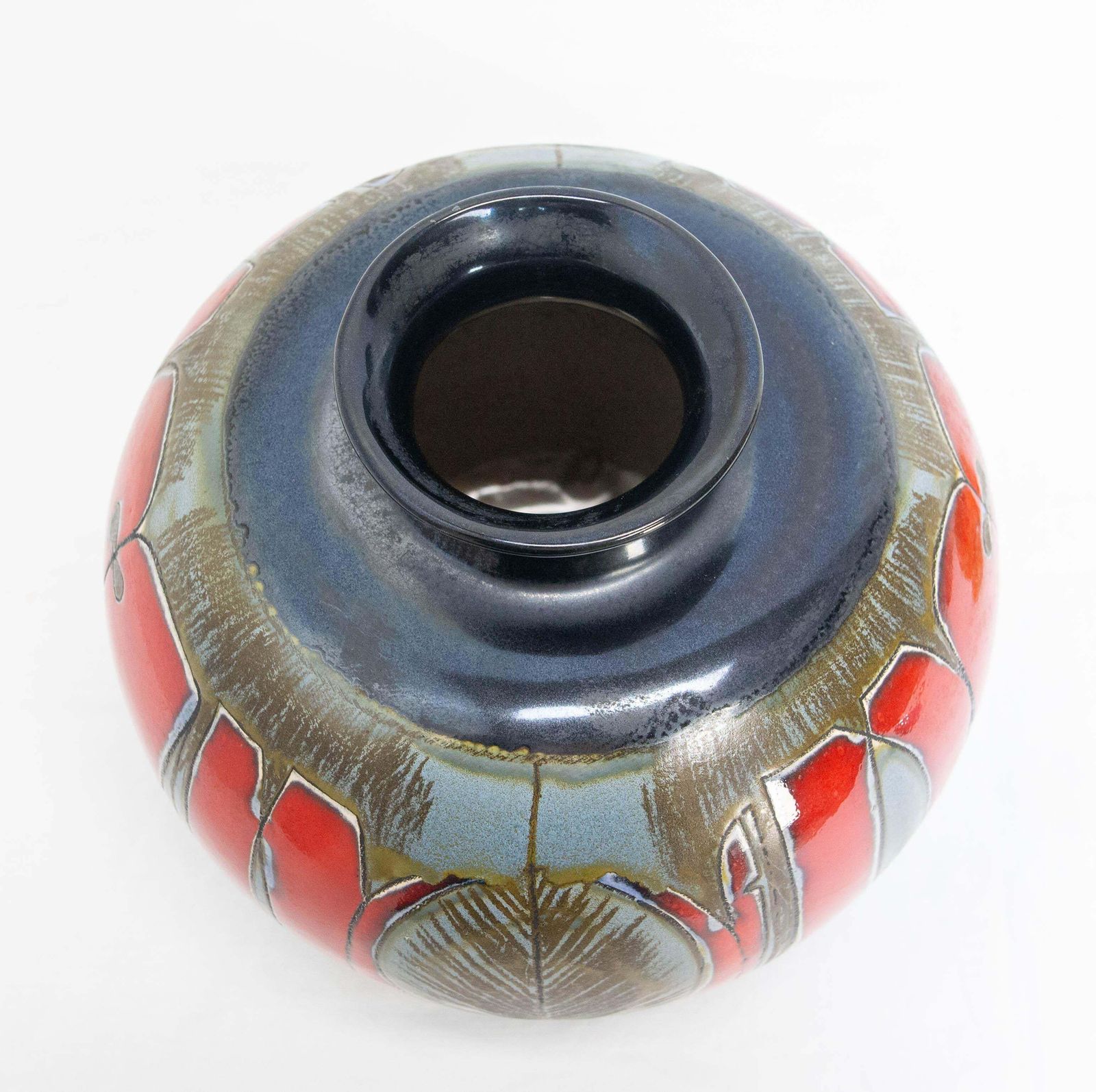 photo furniture German Grey Red & Dark Blue Ceramic Vase Leaves Motifs Midcentury