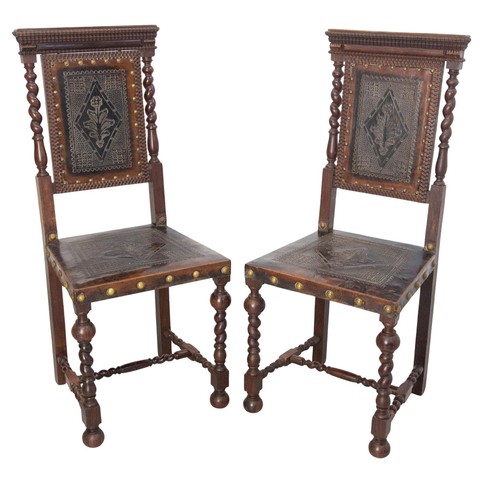 Pair Of Middle East Chairs Oak & Leather With Studs 1920