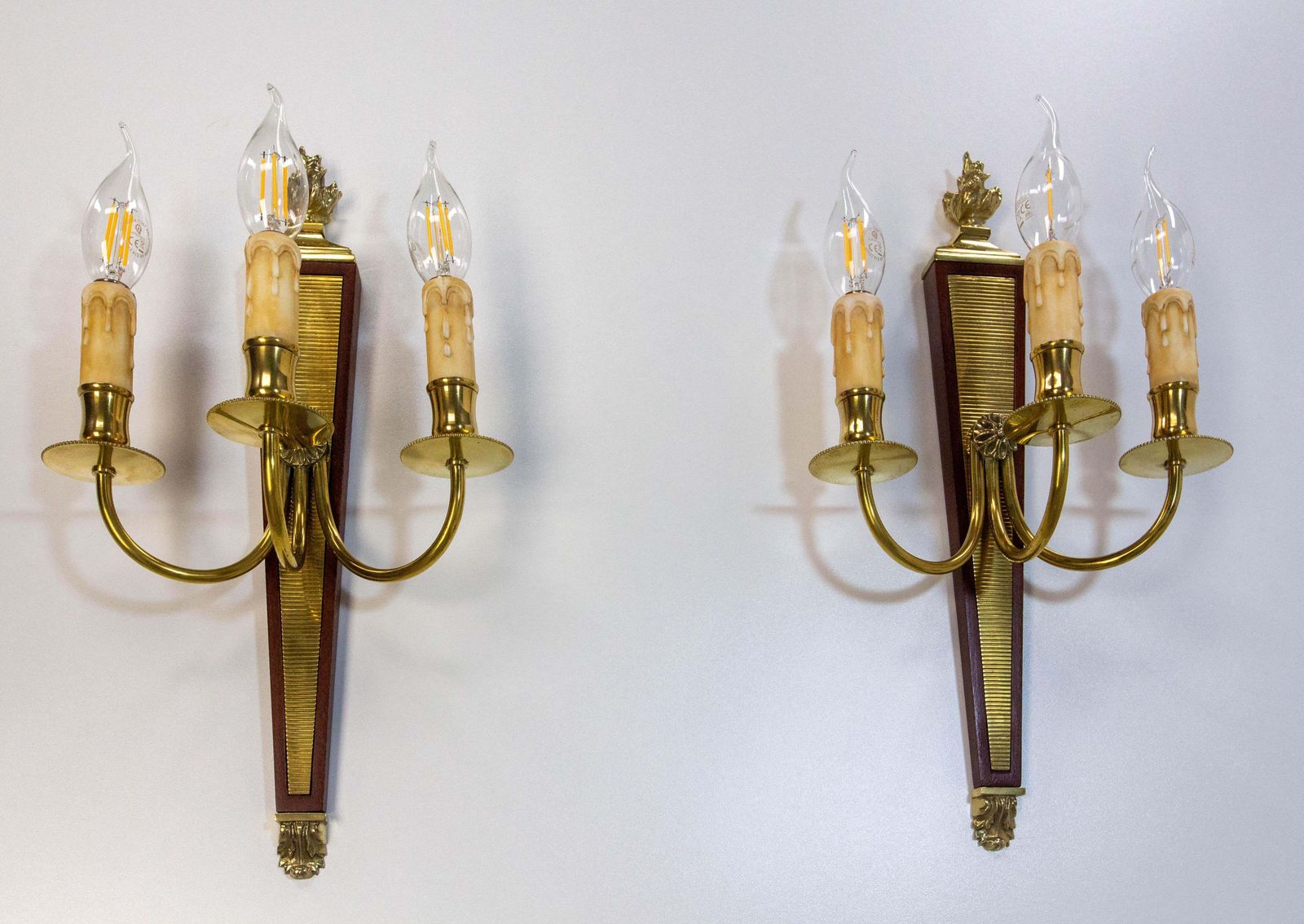 Pair Of Triple Sconces Brass And Iroko, Louis XVI Style Circa 1960 photo 1171.0