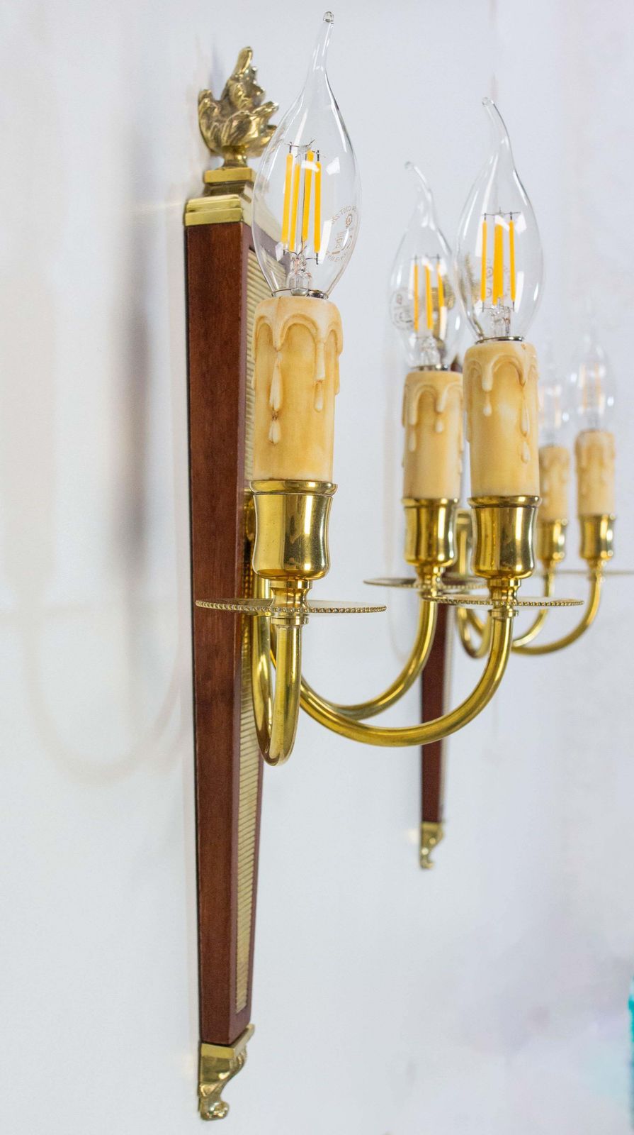 1171.0 Pair Of Triple Sconces Brass And Iroko, Louis XVI Style Circa 1960 photo