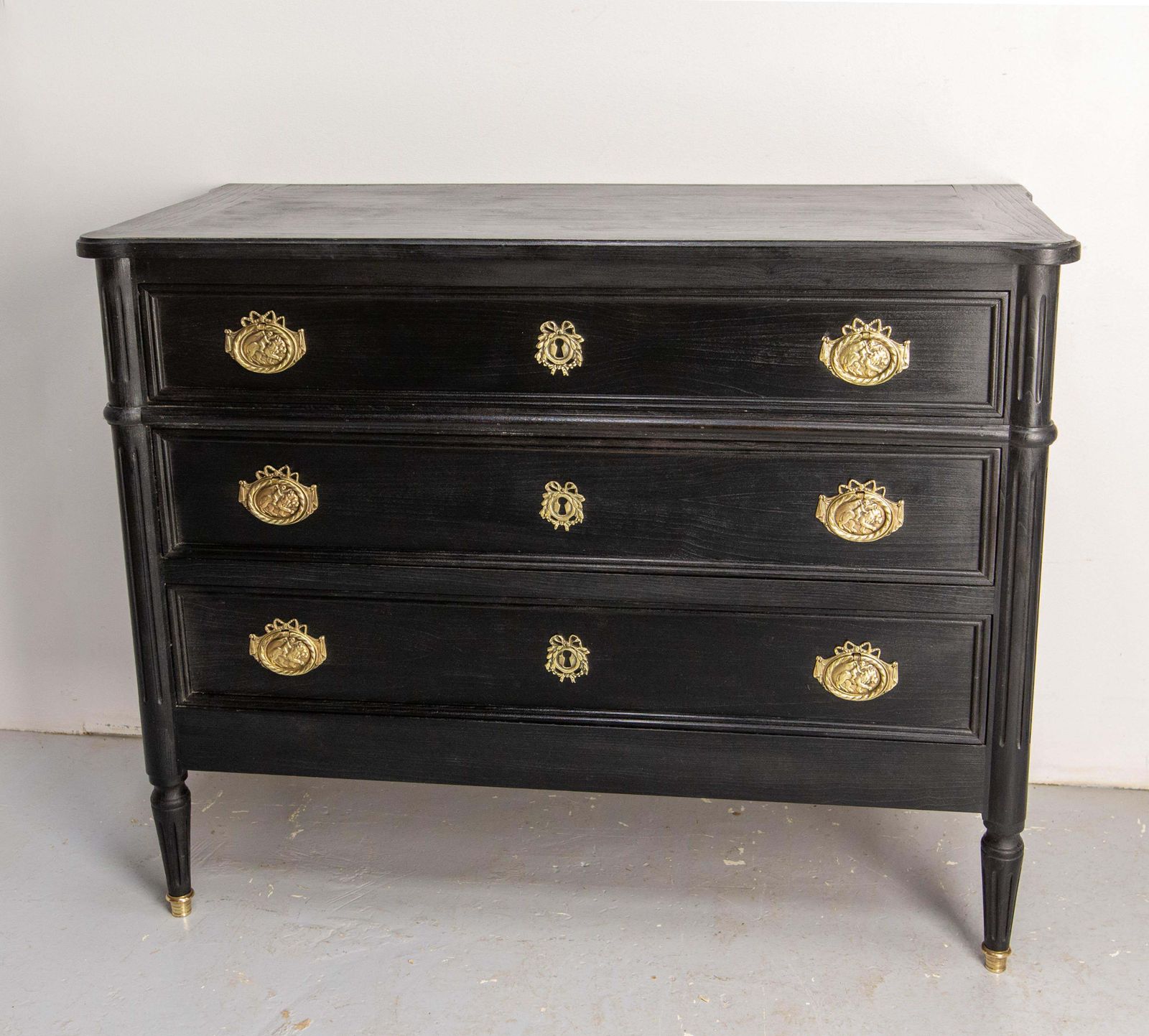 French Louis XVI Style Black Wood Commode Chest Of Drawers Circa 1980 photo for sale
