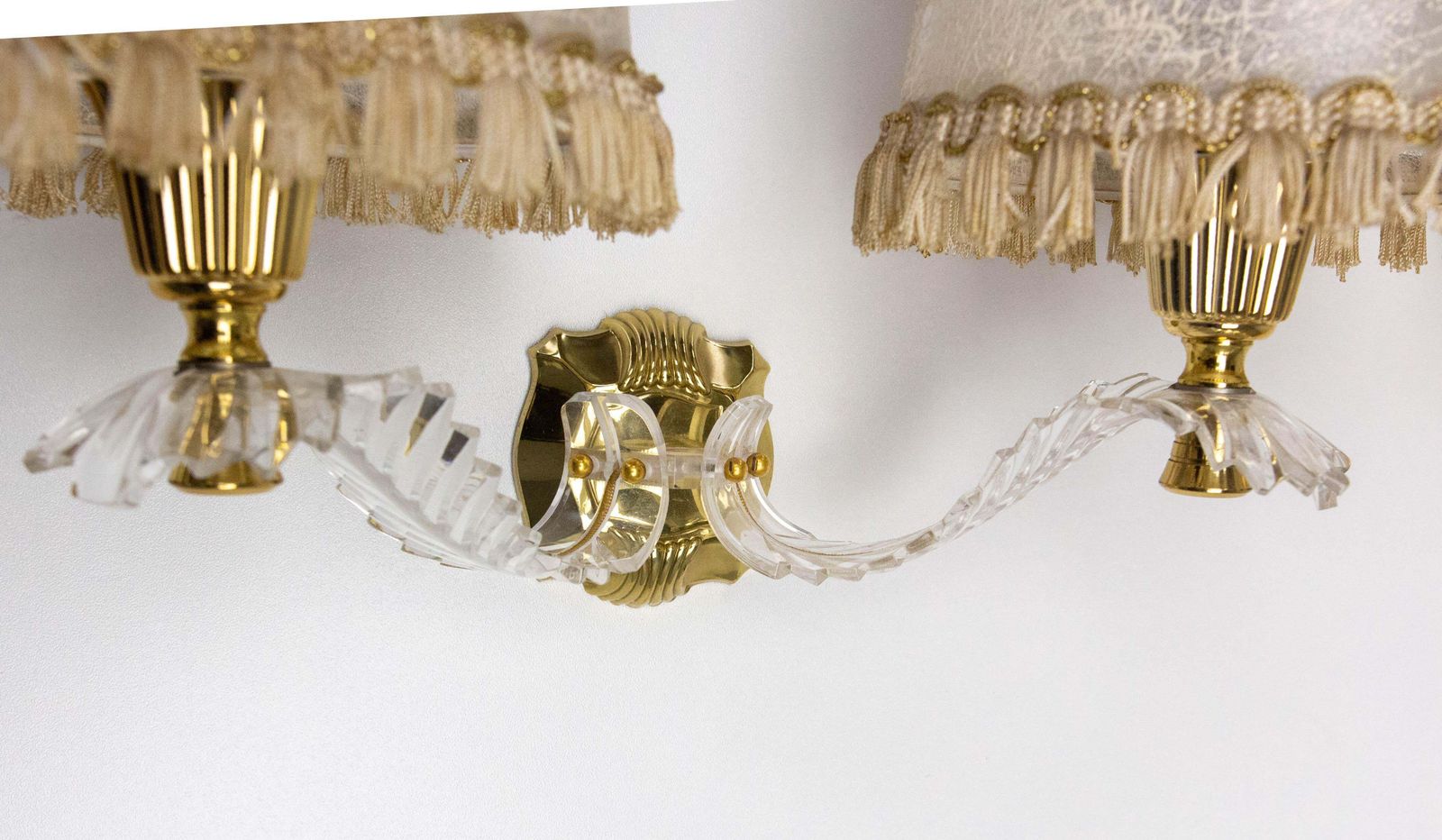 Pair Of Double Sconces Brass And Resin With Lampshades, Louis XV Style C 1960 photo buy