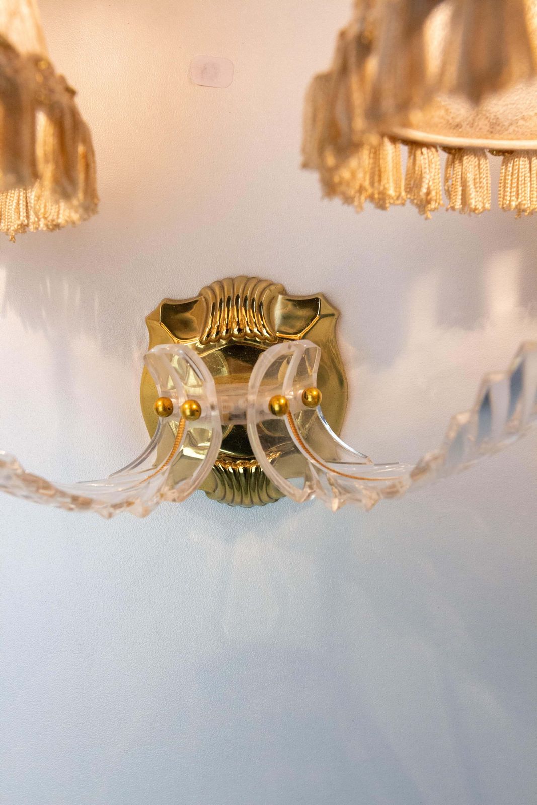 Lighting Pair Of Double Sconces Brass And Resin With Lampshades, Louis XV Style C 1960 photo