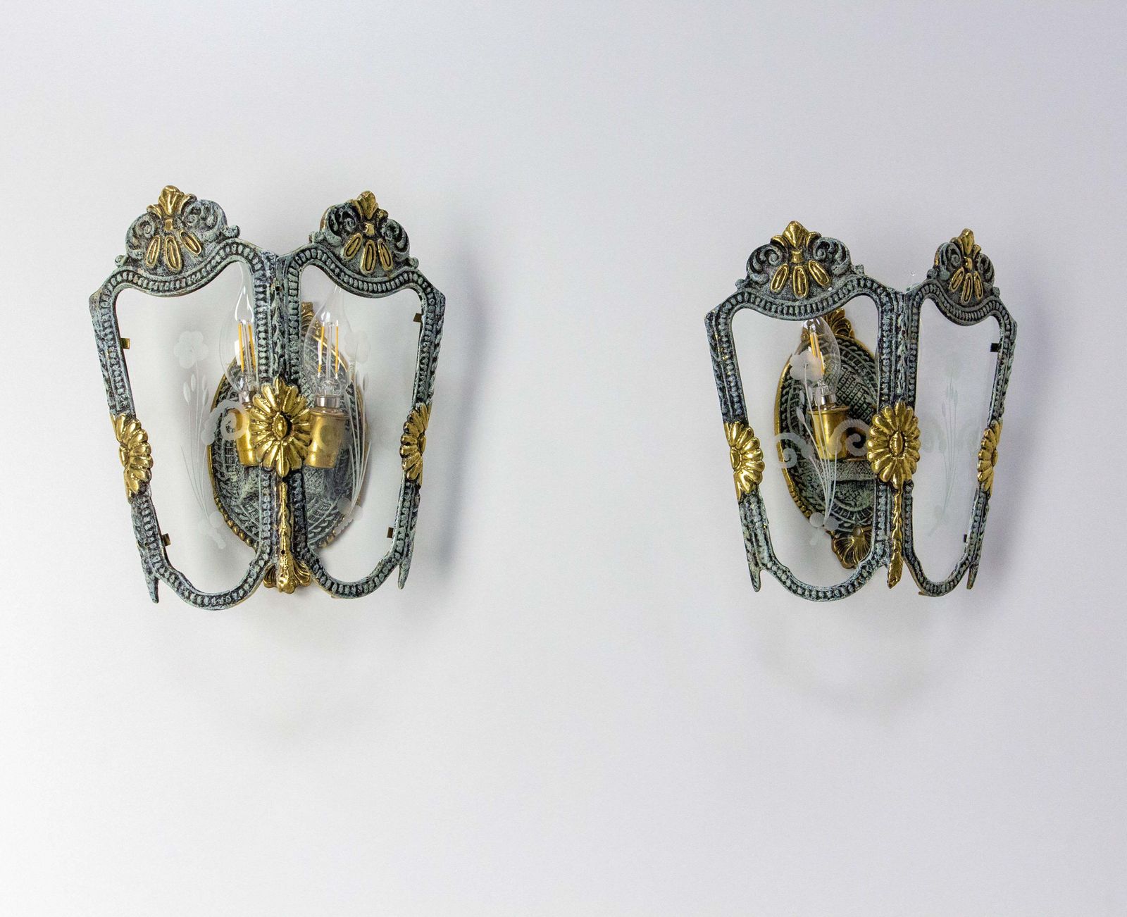 Pair Double Sconces Brass, Bronze Patina Hand Engraved Glass Louis XV St C 1960 photo for sale