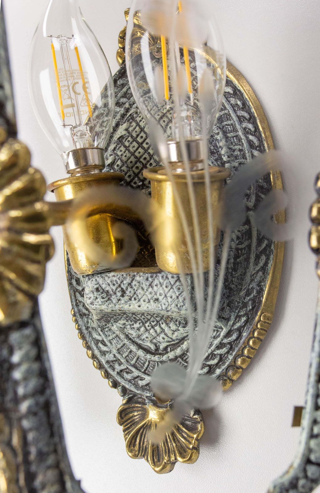 Pair Double Sconces Brass, Bronze Patina Hand Engraved Glass Louis XV St C 1960 photo vinterior