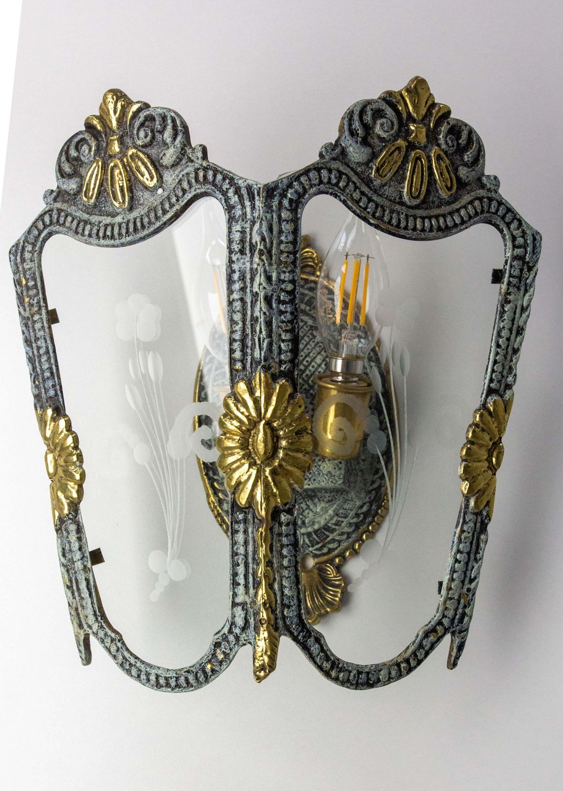 Pair Double Sconces Brass, Bronze Patina Hand Engraved Glass Louis XV St C 1960 photo buy