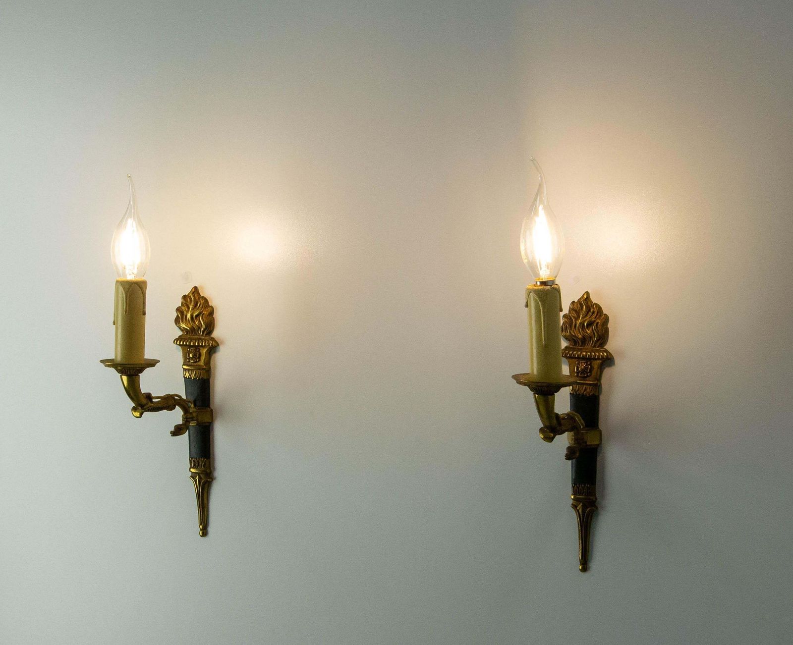 Pair Of Sconces Empire Style Deep Green With Torch And Swan Circa 1960 France photo for sale