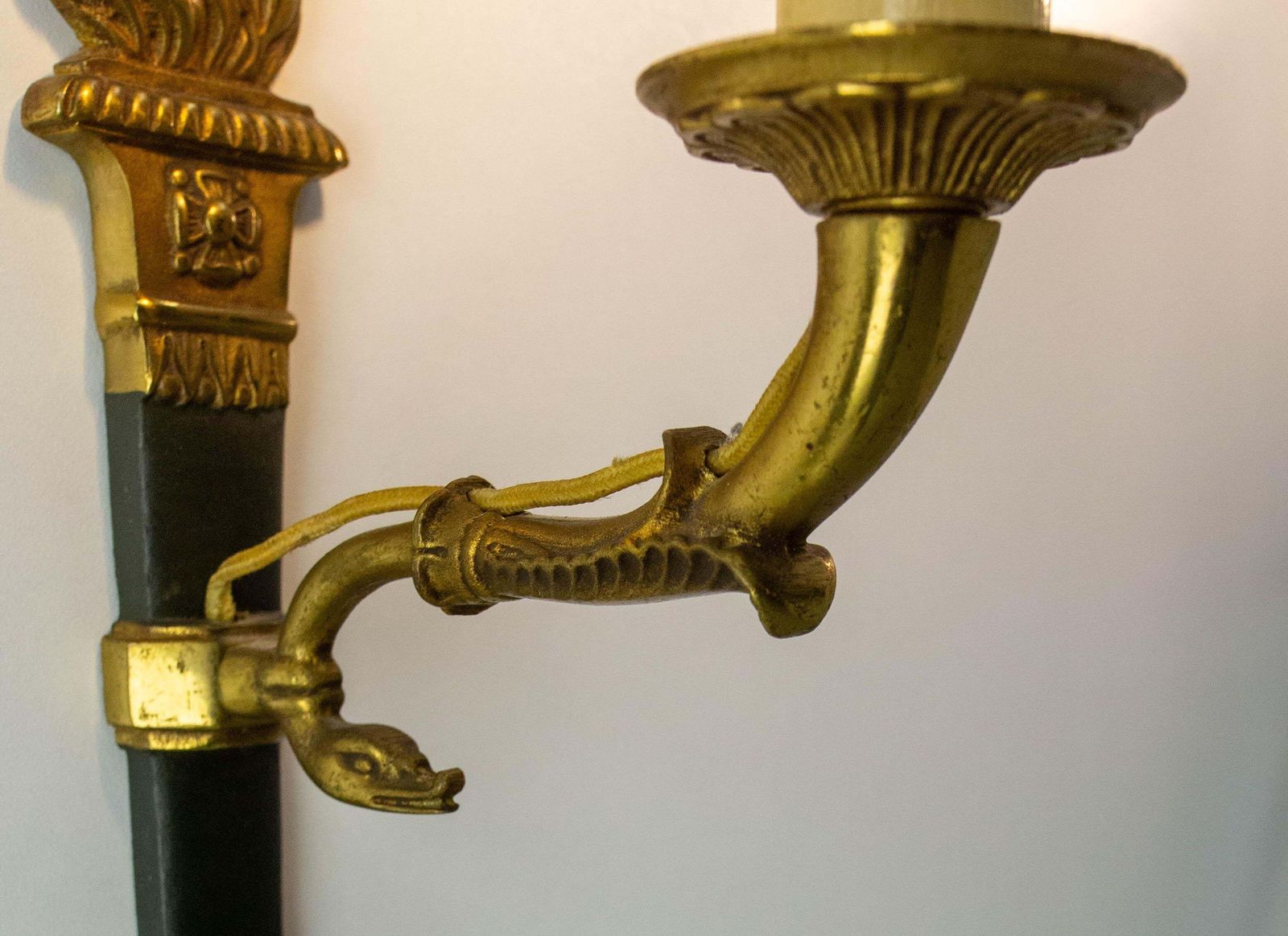 Pair Of Sconces Empire Style Deep Green With Torch And Swan Circa 1960 France photo vintage