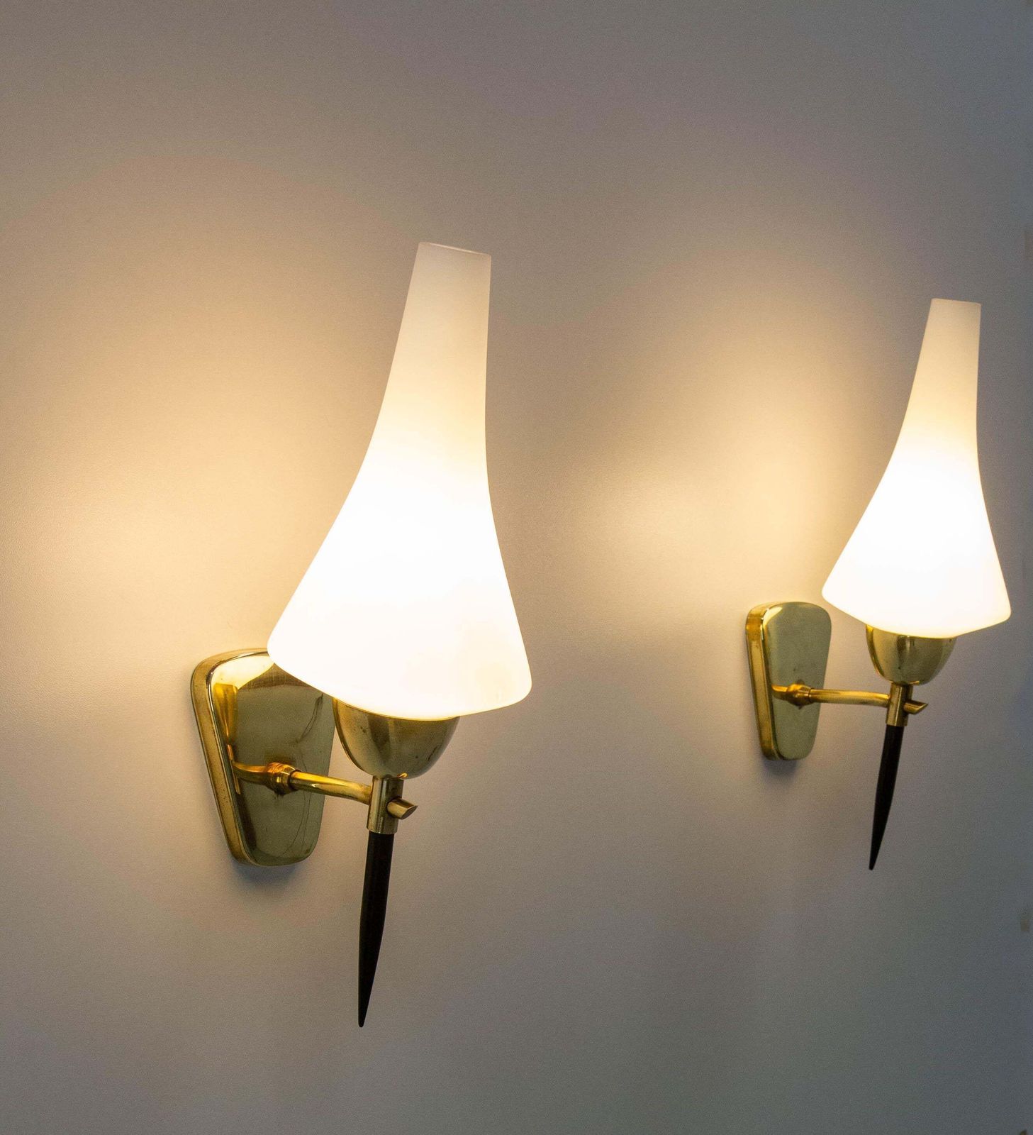 Pair Of Sconces White Glass Black & Golden Chrome, Circa 1950, Arlus France photo 1084.0