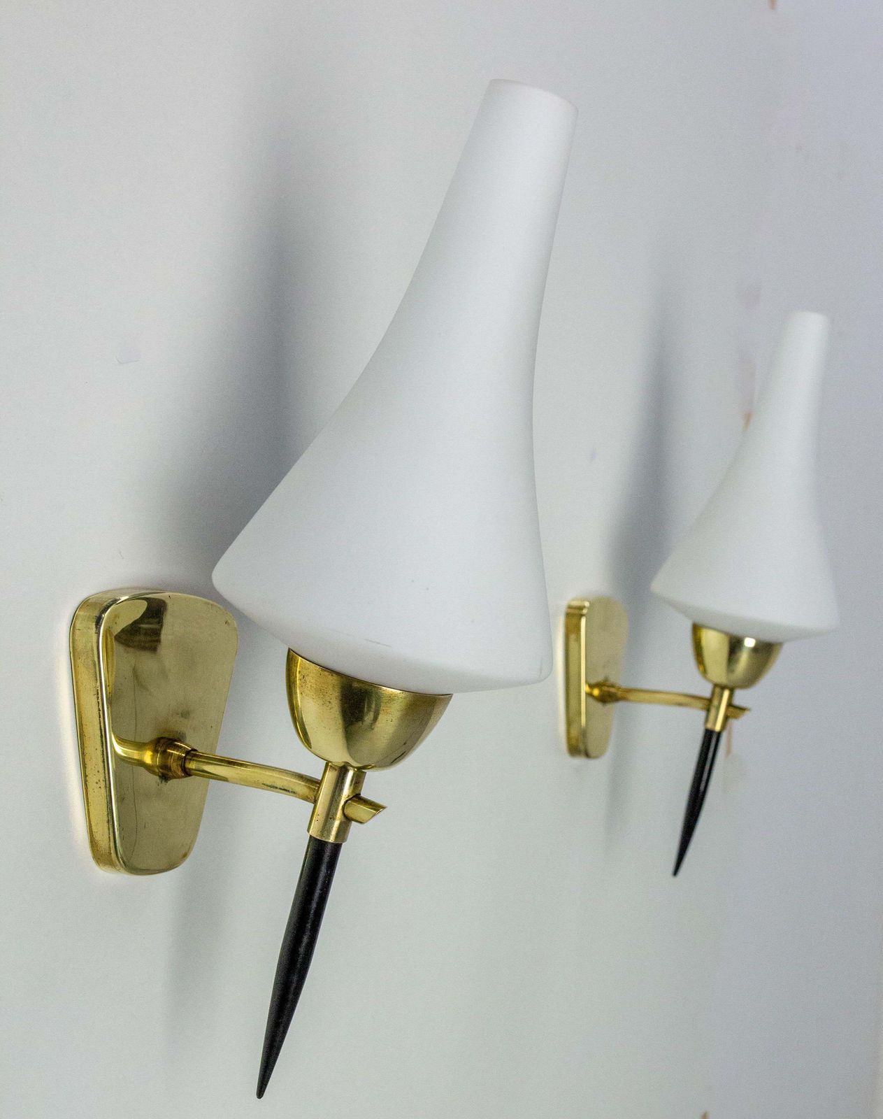Pair Of Sconces White Glass Black & Golden Chrome, Circa 1950, Arlus France photo vintage