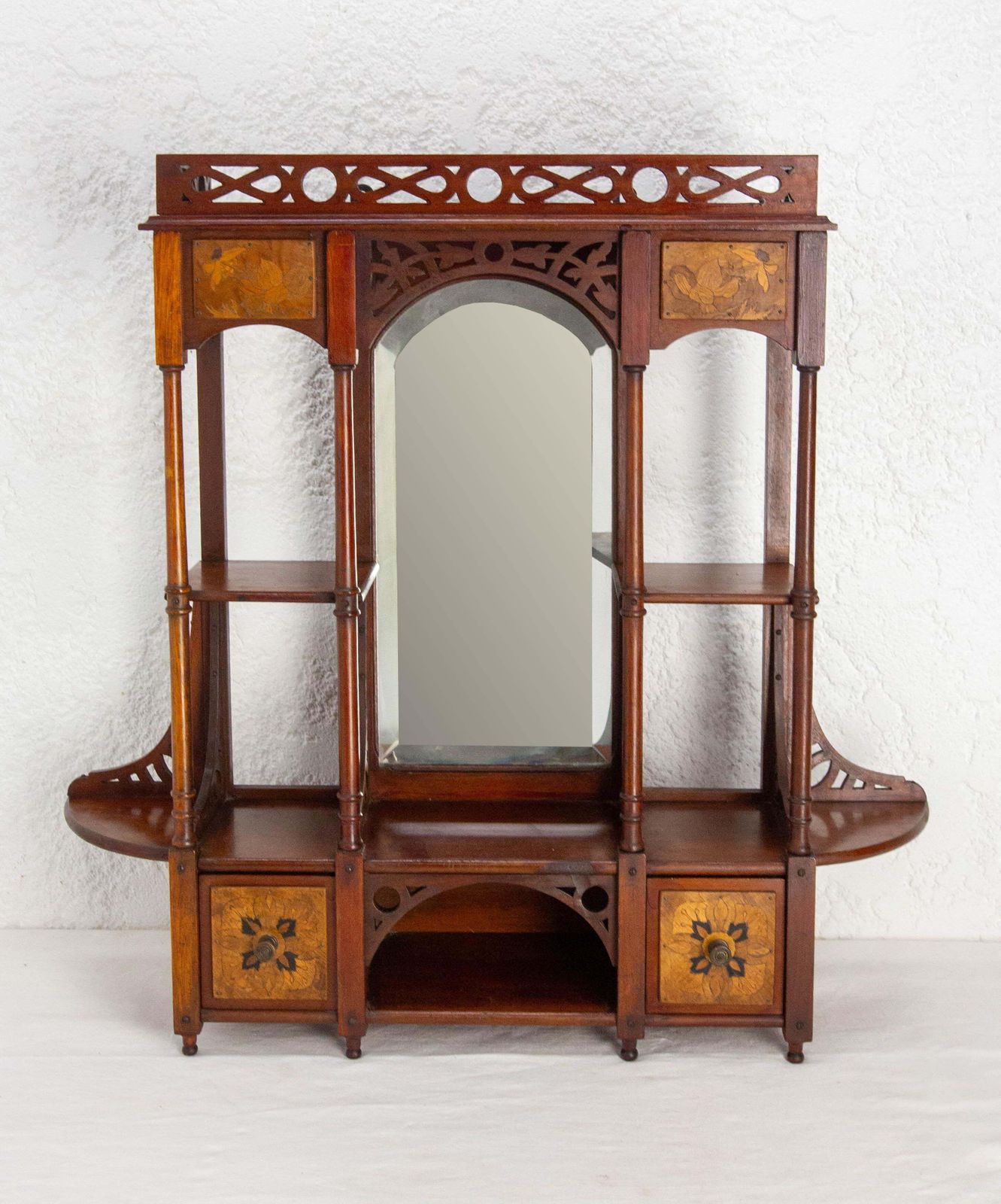 Wall Iroko Wood Shelves Beveled Mirror & Marquetry Art Nouveau Late 19th Century photo for sale