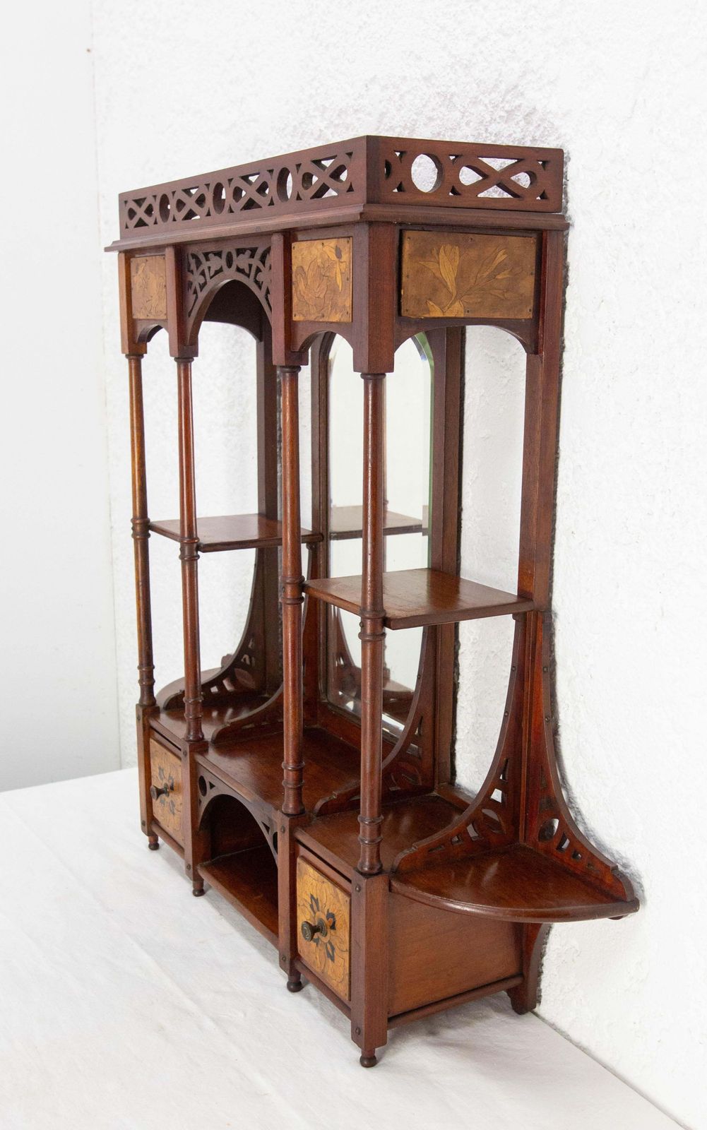 Wall Iroko Wood Shelves Beveled Mirror & Marquetry Art Nouveau Late 19th Century photo Furniture
