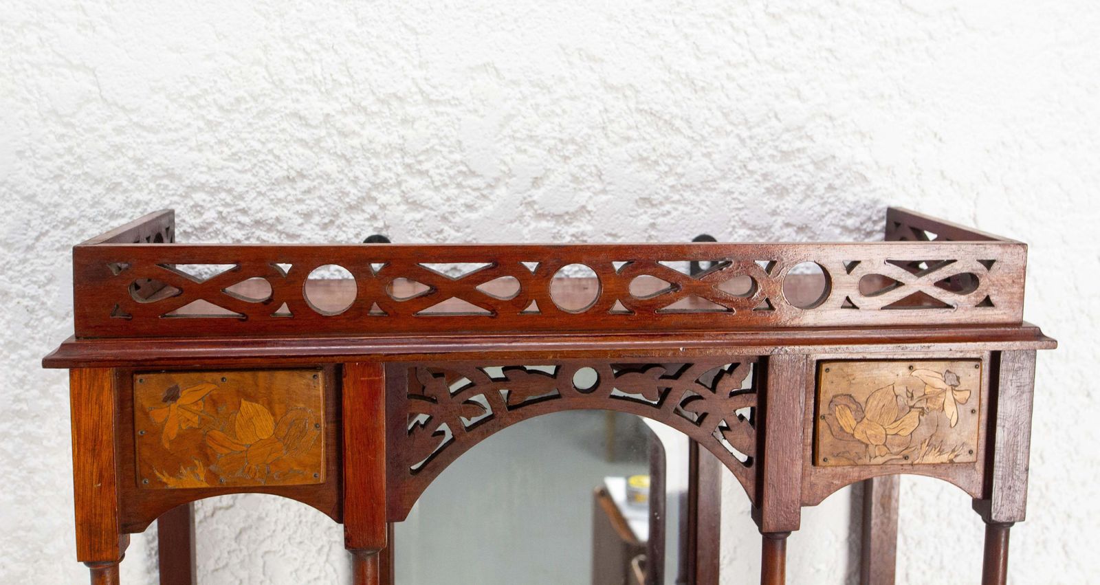 Wall Iroko Wood Shelves Beveled Mirror & Marquetry Art Nouveau Late 19th Century photo vinterior