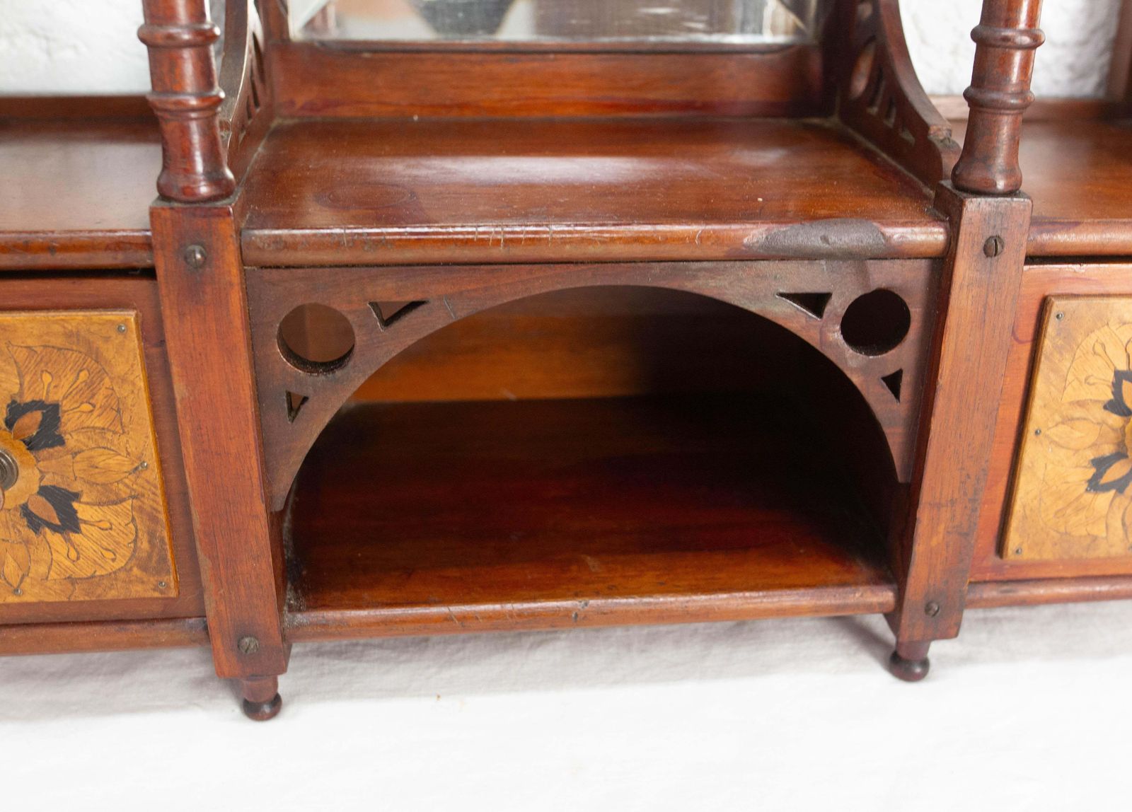 Wall Iroko Wood Shelves Beveled Mirror & Marquetry Art Nouveau Late 19th Century photo vintage