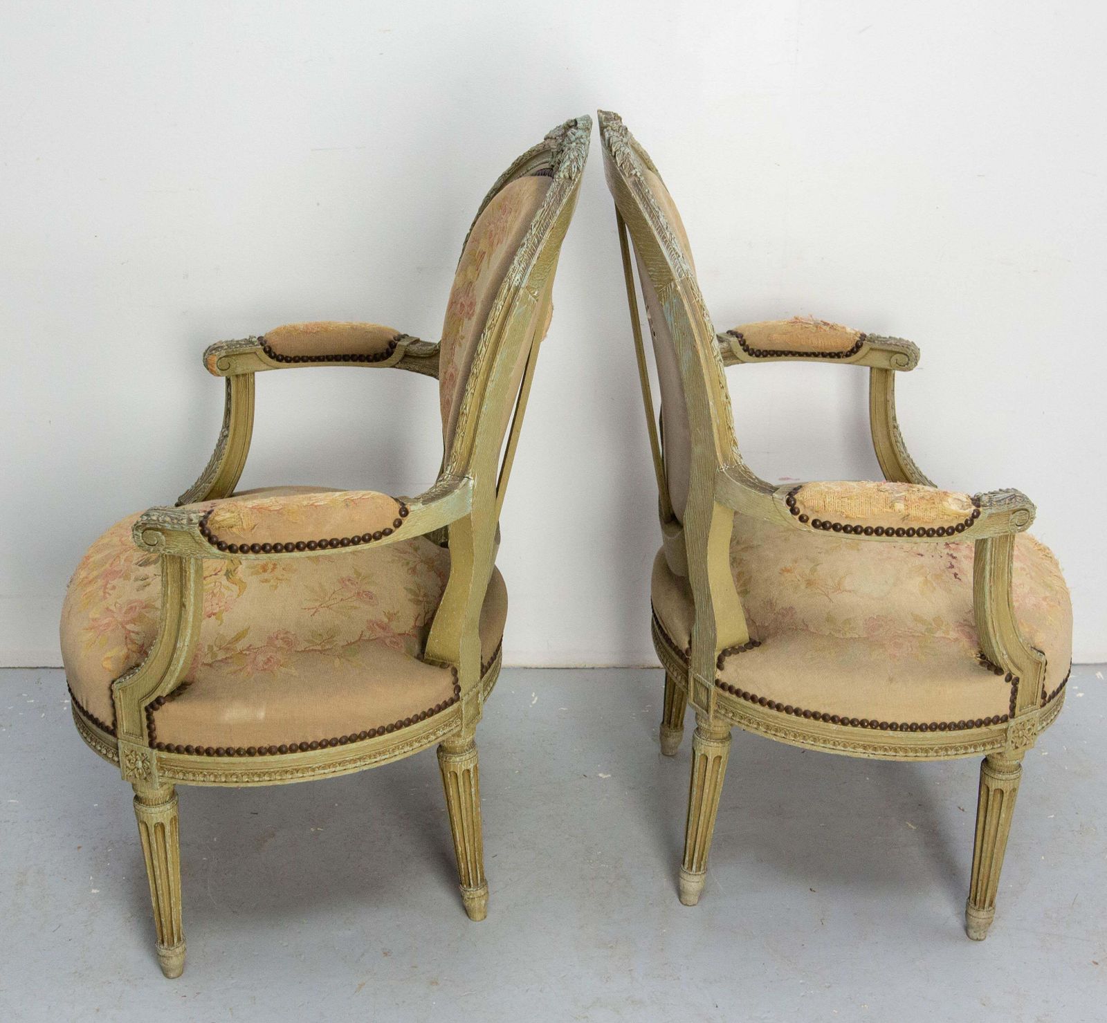 Pair Of French Patinated Open Armchairs Louis XVI Medallion Fauteuils Circa 1900 photo buy