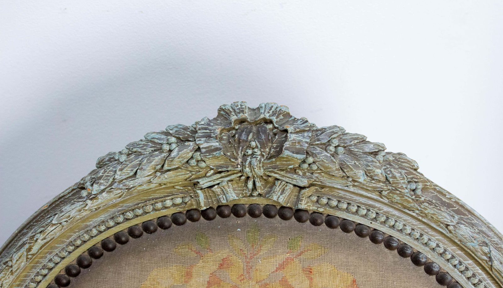 photo for sale Pair Of French Patinated Open Armchairs Louis XVI Medallion Fauteuils Circa 1900