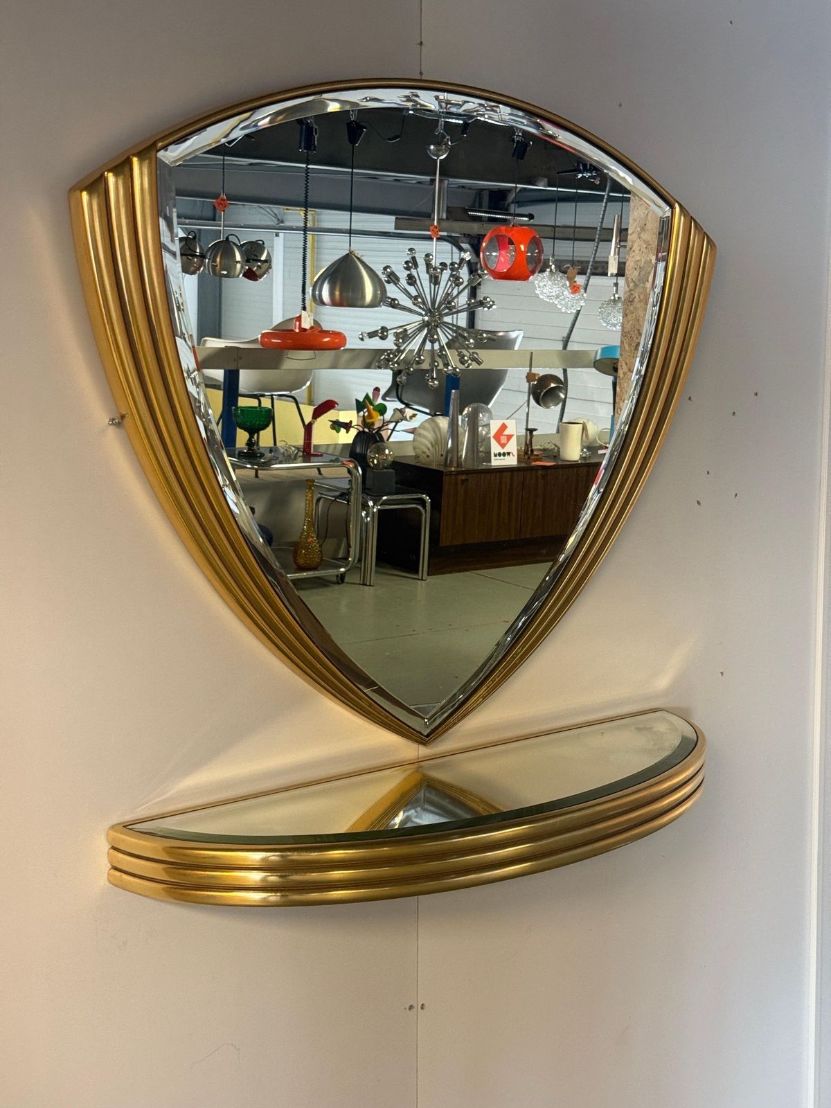 Art Deco Triangle Golden Wall Mirror With Console 1970 Belgium  Set photo Home Decor