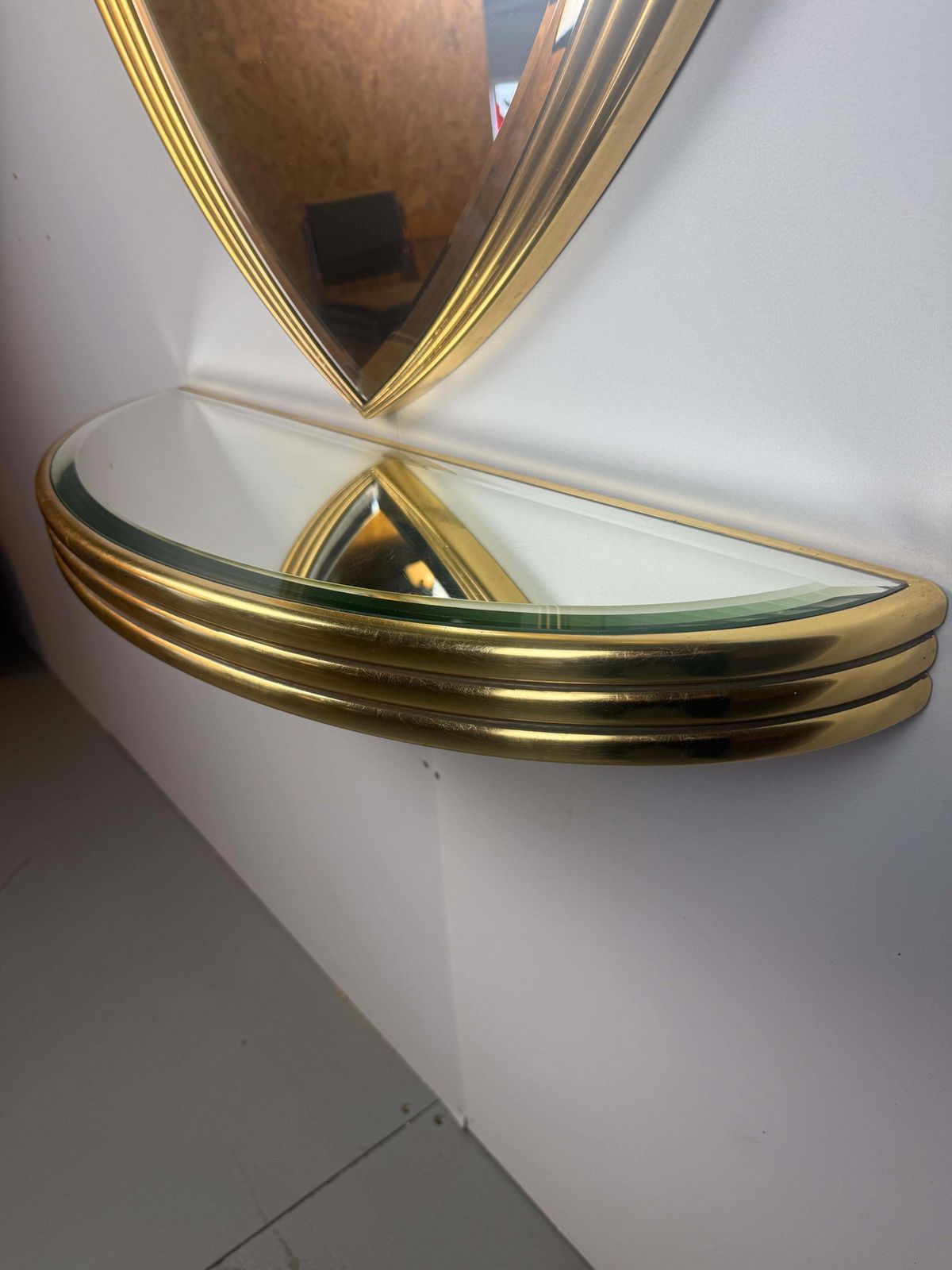 photo for sale Art Deco Triangle Golden Wall Mirror With Console 1970 Belgium  Set
