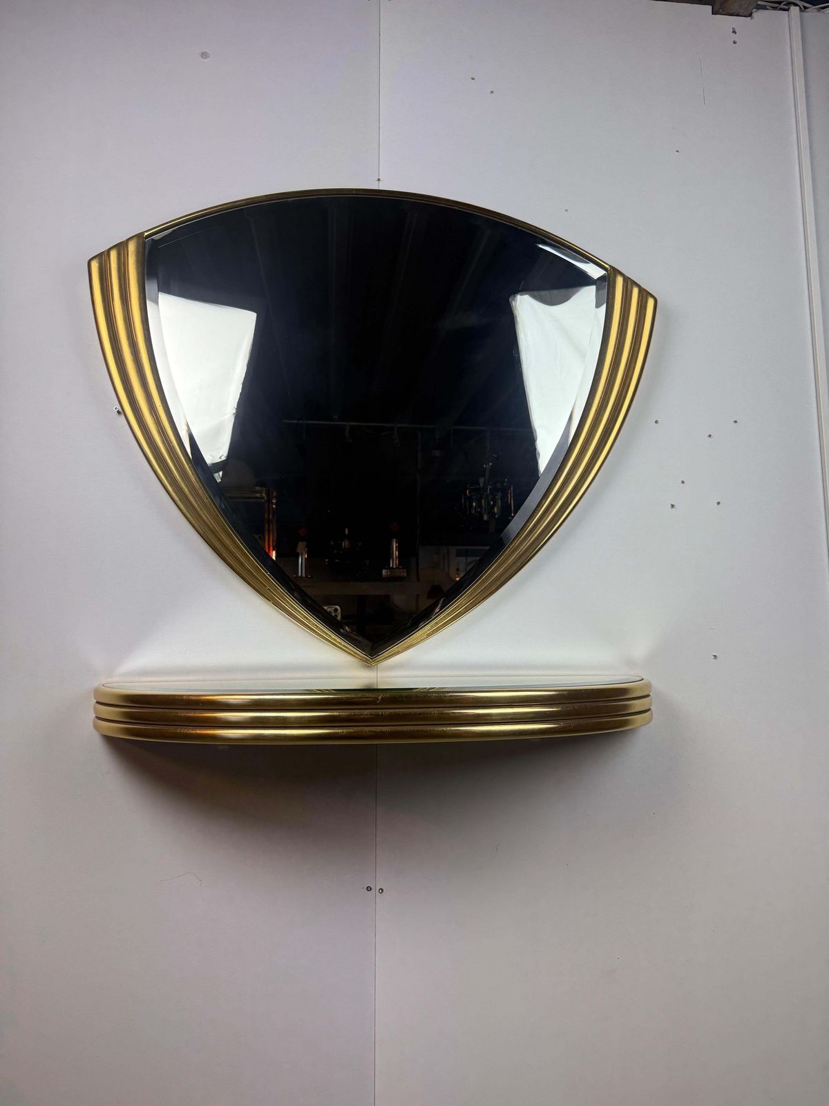 photo buy Art Deco Triangle Golden Wall Mirror With Console 1970 Belgium  Set