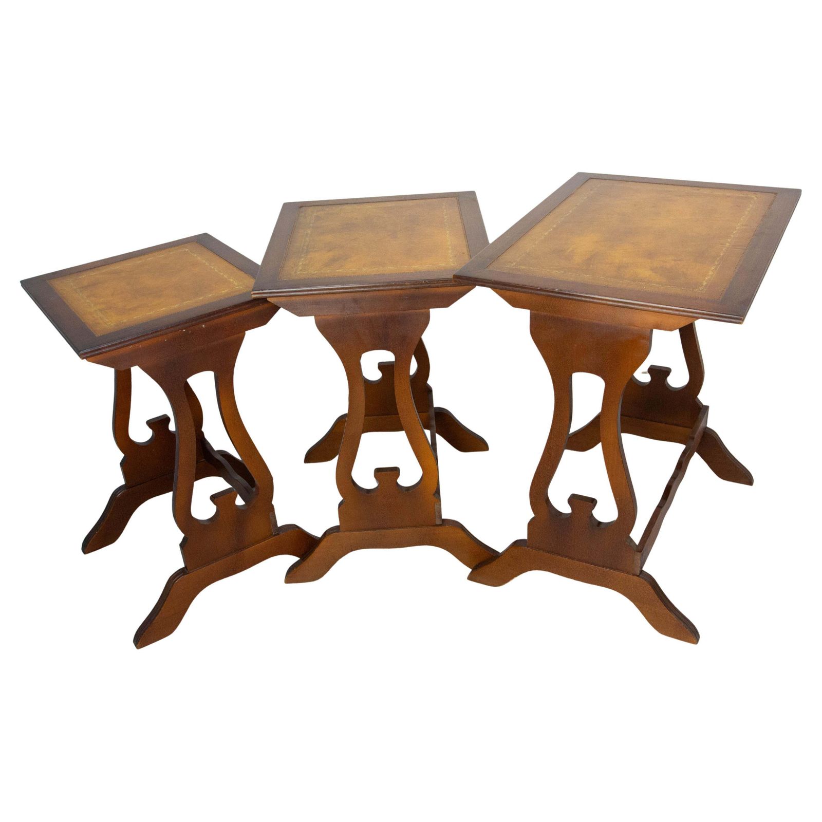 Set Of Three Poplar Nesting Tables With Top Recovered Of Leather Mid Century