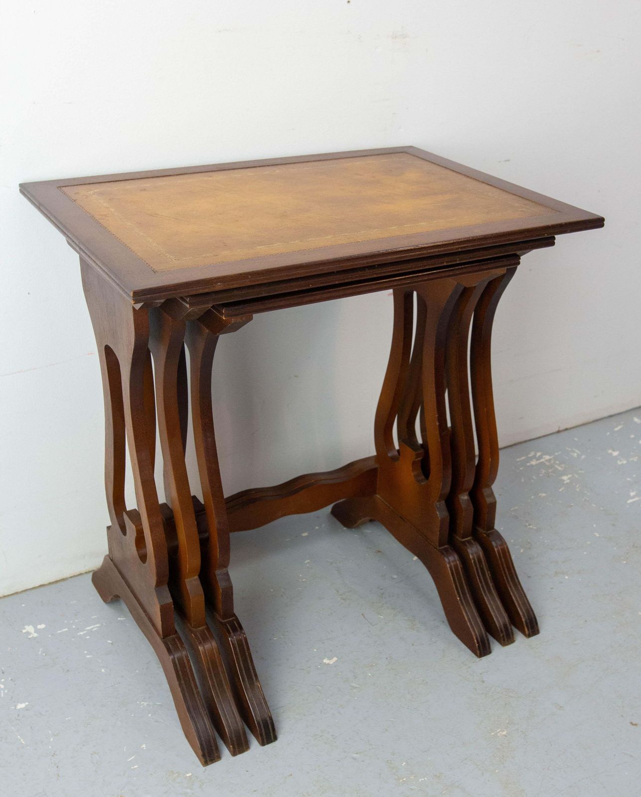 Set Of Three Poplar Nesting Tables With Top Recovered Of Leather Mid Century photo for sale