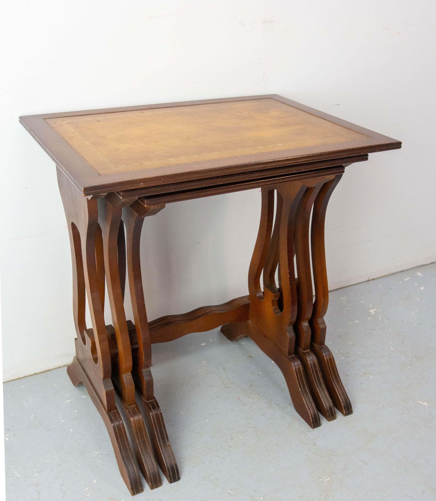 Set Of Three Poplar Nesting Tables With Top Recovered Of Leather Mid Century photo Furniture