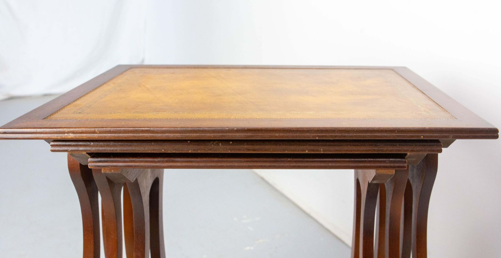 photo for sale Set Of Three Poplar Nesting Tables With Top Recovered Of Leather Mid Century