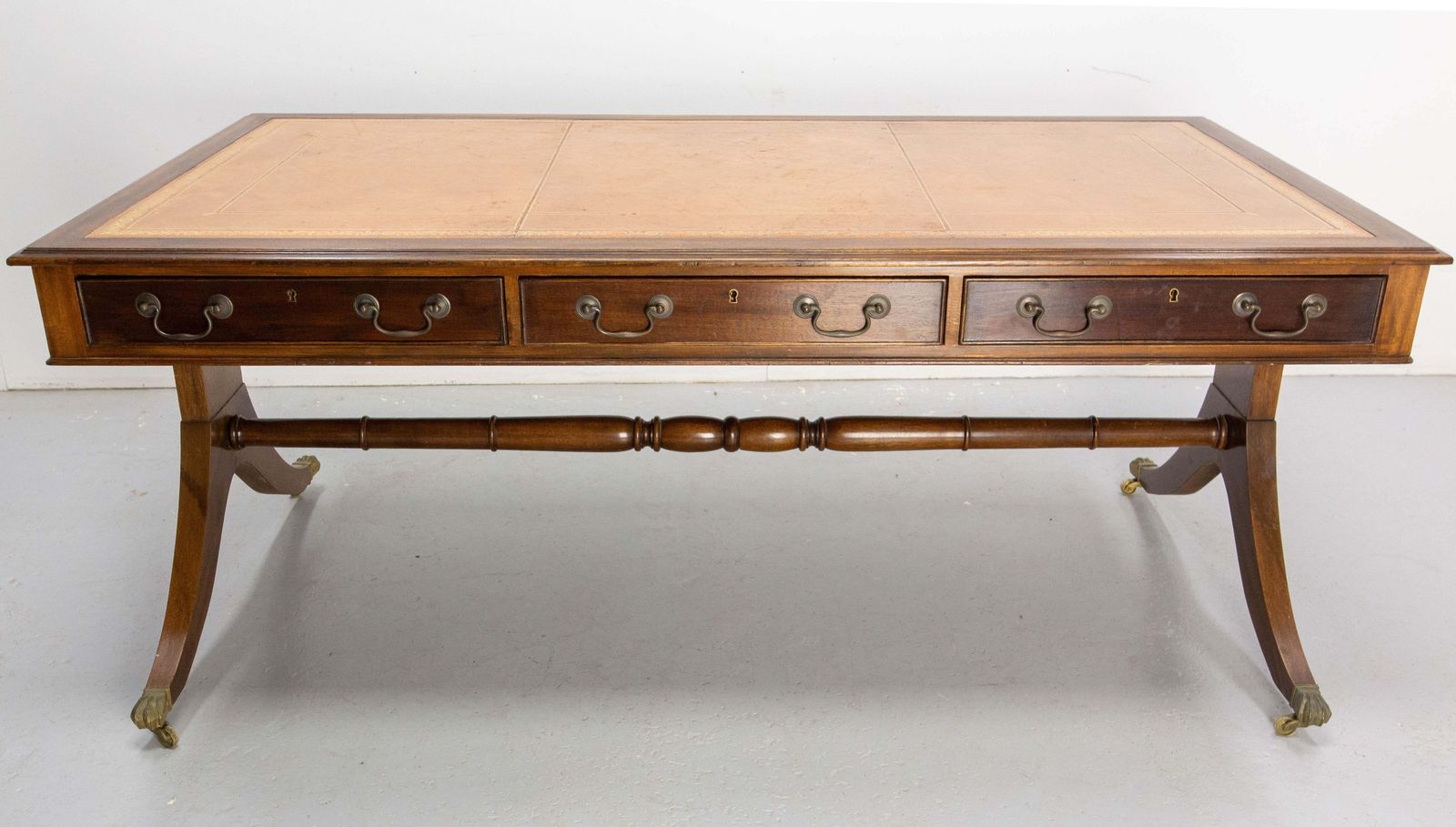 English Patinated Large Desk, Double Side, Wood, Leather & Iron Circa 1900 photo furniture