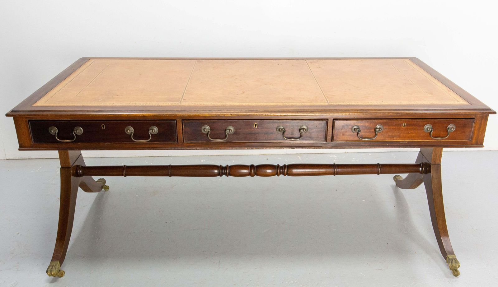 English Patinated Large Desk, Double Side, Wood, Leather & Iron Circa 1900 photo Furniture