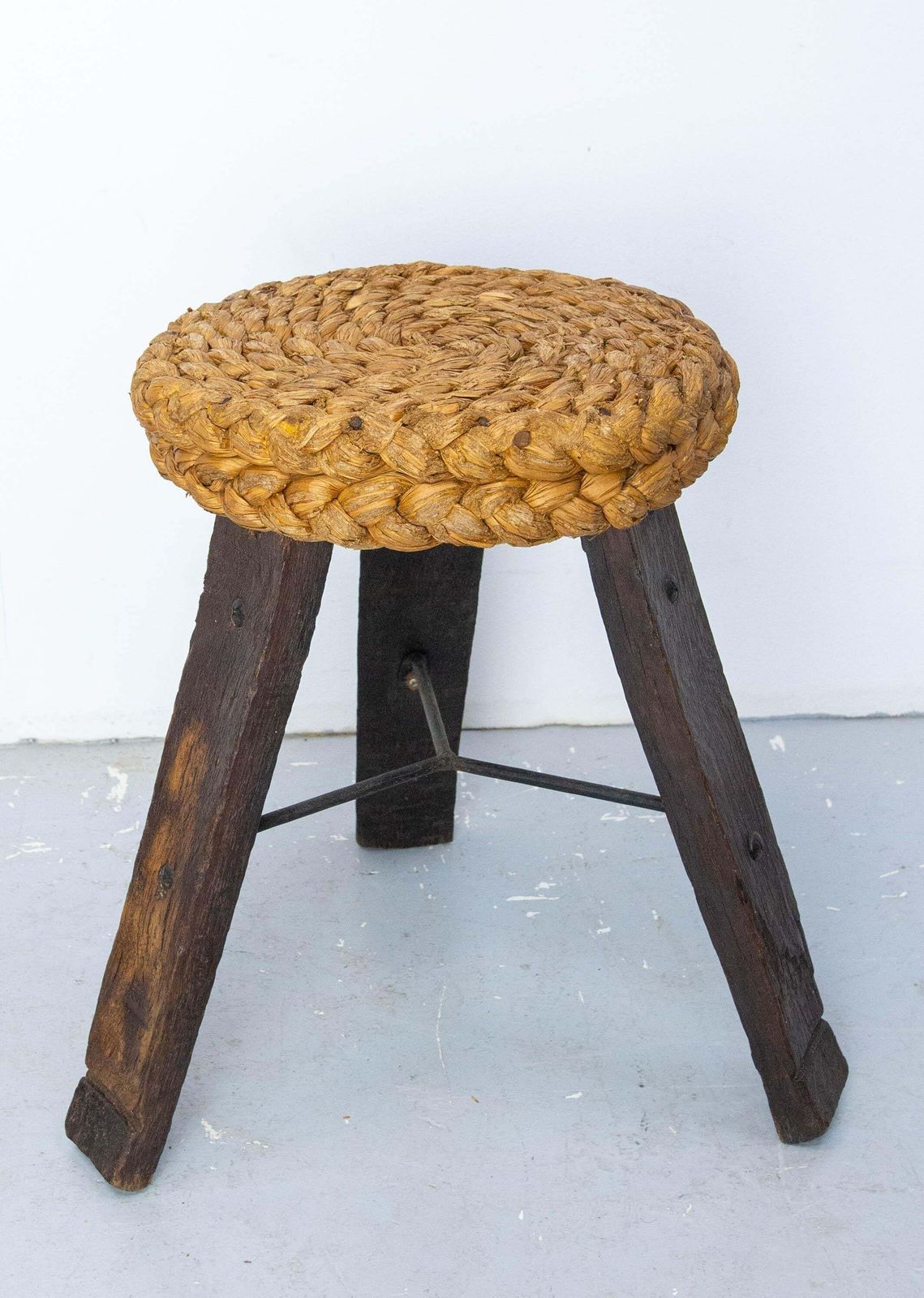 Three Legs Stool Round Oak, Iron & Straw By Audoux Minnet, France Circa 1950 photo for sale