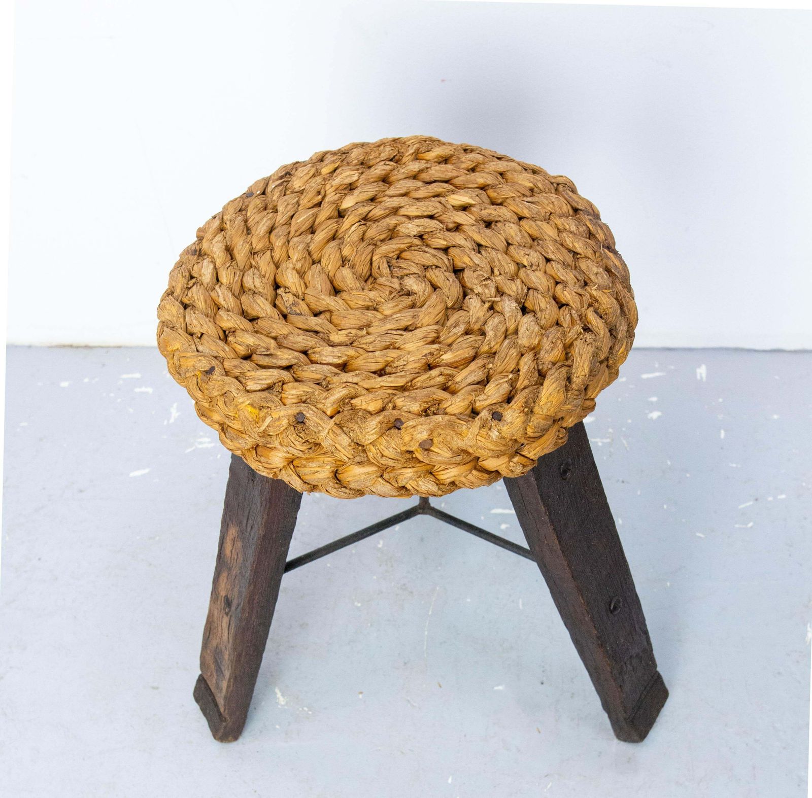 Three Legs Stool Round Oak, Iron & Straw By Audoux Minnet, France Circa 1950 photo Furniture