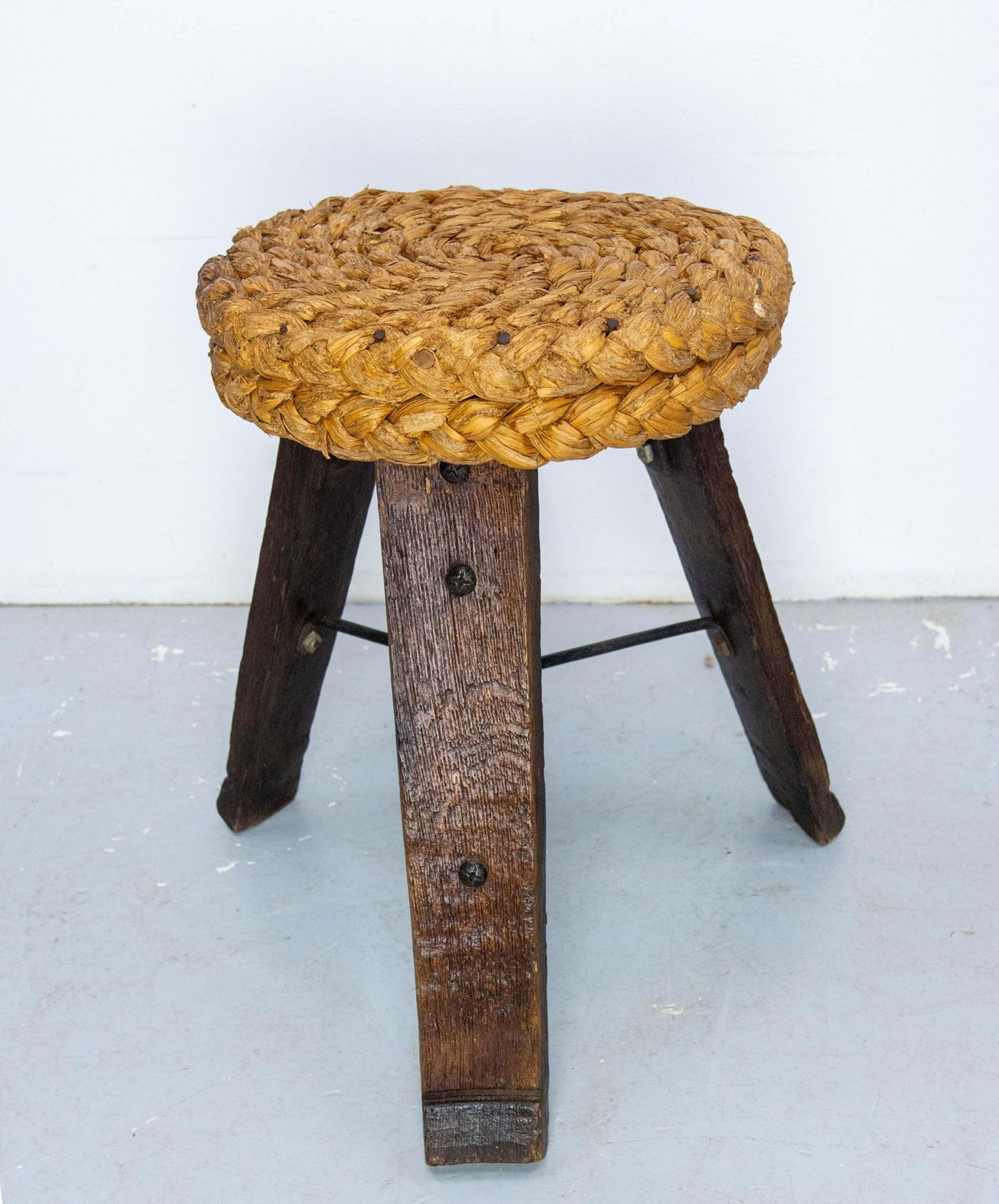 Three Legs Stool Round Oak, Iron & Straw By Audoux Minnet, France Circa 1950 photo vinterior