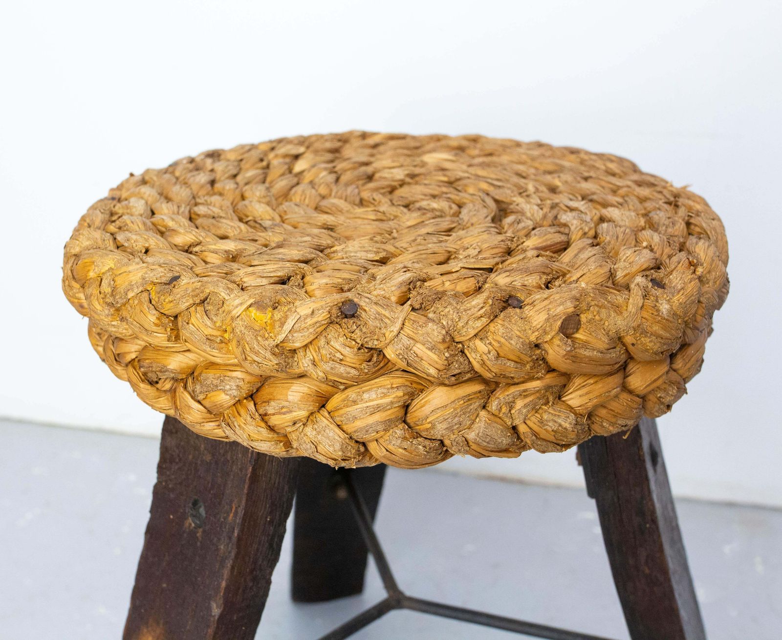 Three Legs Stool Round Oak, Iron & Straw By Audoux Minnet, France Circa 1950 photo vintage