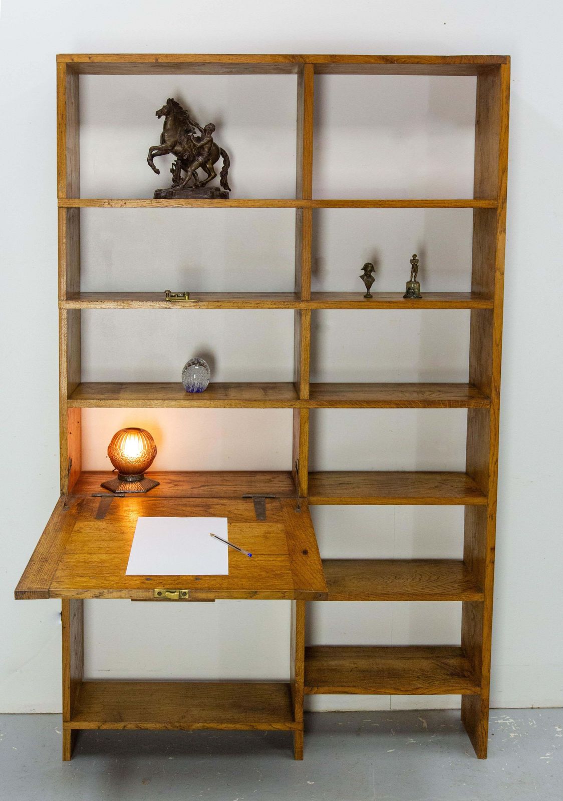photo buy Vintage Oak Bookcase Folding Desk Shelves French Midcentury