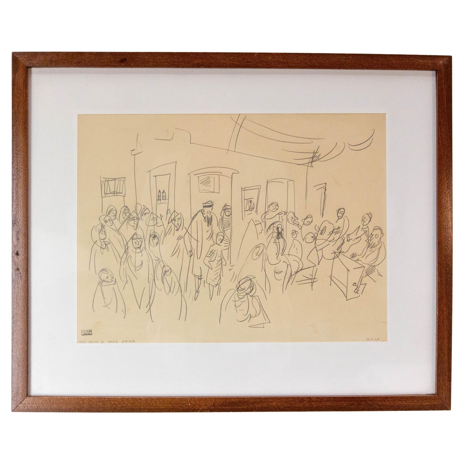 French Jean Lanauve Cluzeau Pencil Drawing Jewish Wedding In Hara Kbira, 1947