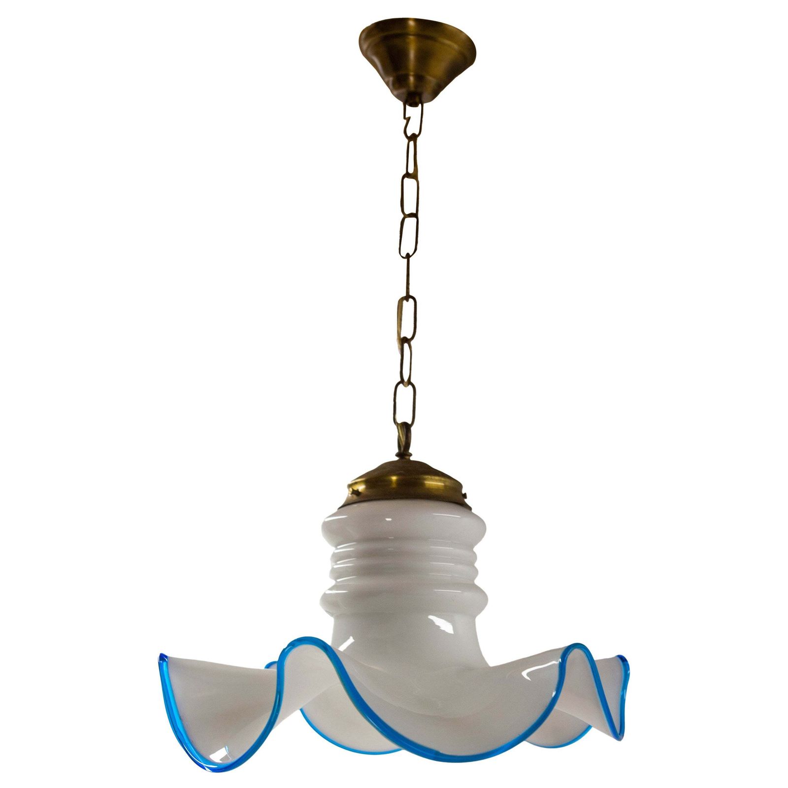 French Vintage White Opaline Blue Glass And Brass Ceiling Light, Circa 1960