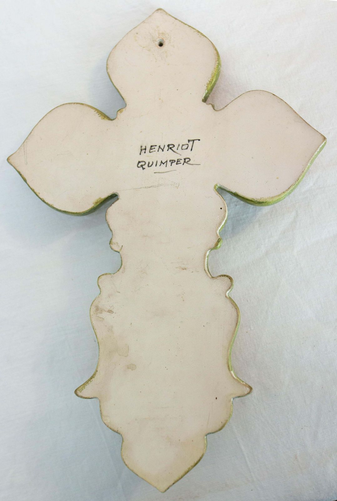 French Faience Wall Cross With Holy Water Font Henriot Quimper, 20th Mid Century photo vintage