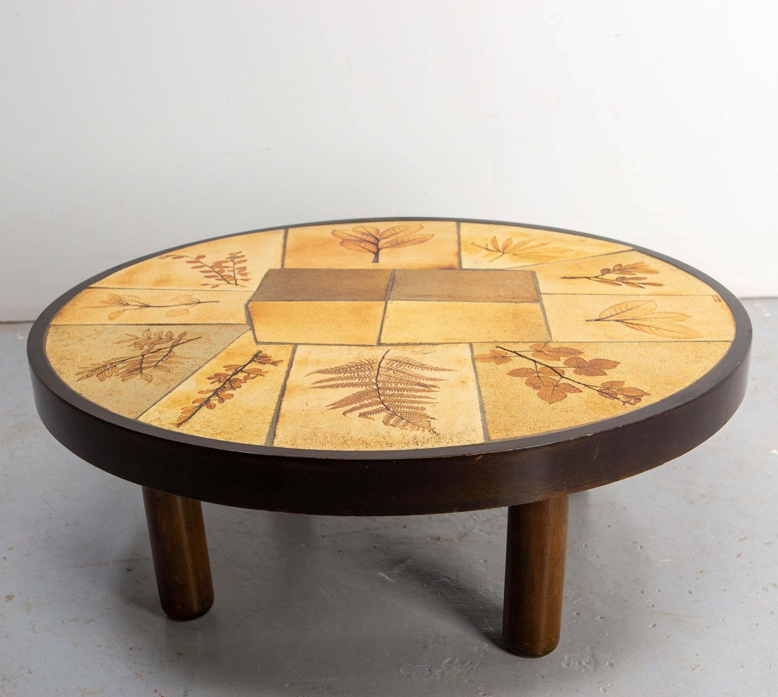 French Round Coffee Table Herbarium Vallauris Ceramics Signed Raymonde Leduc photo furniture