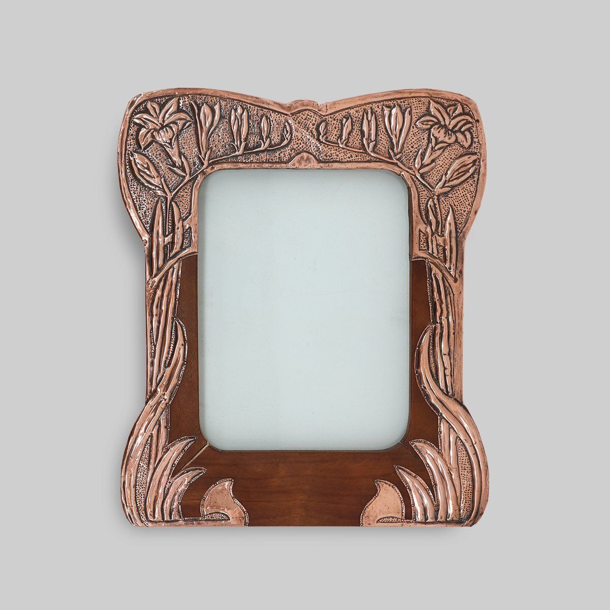 Art Nouveau Embossed Copper And Wood Art Picture Frame, France, 1910s