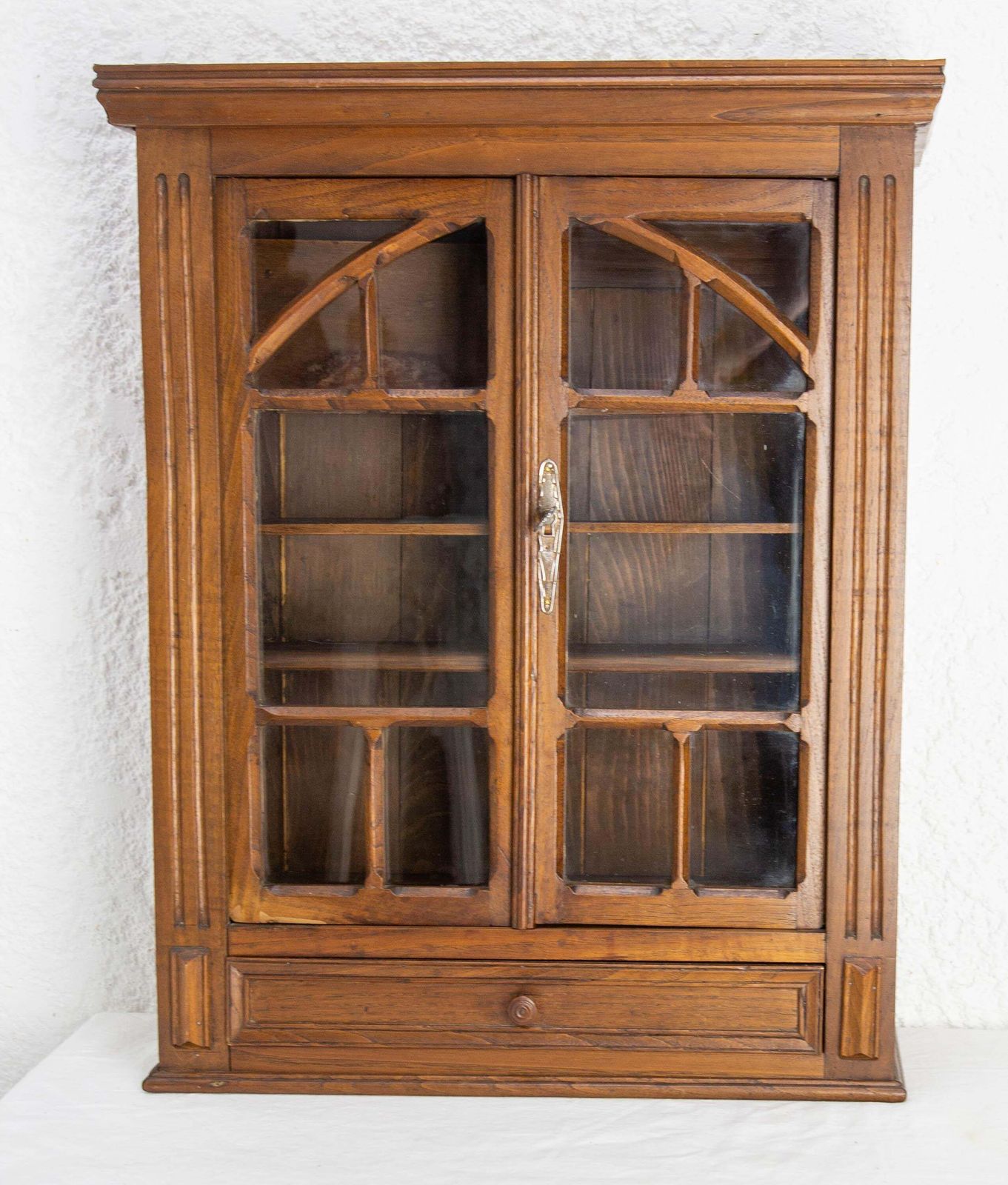 French Little Armoire Two Doors Oak & Glass Wall Cabinet, Circa 1920 photo furniture
