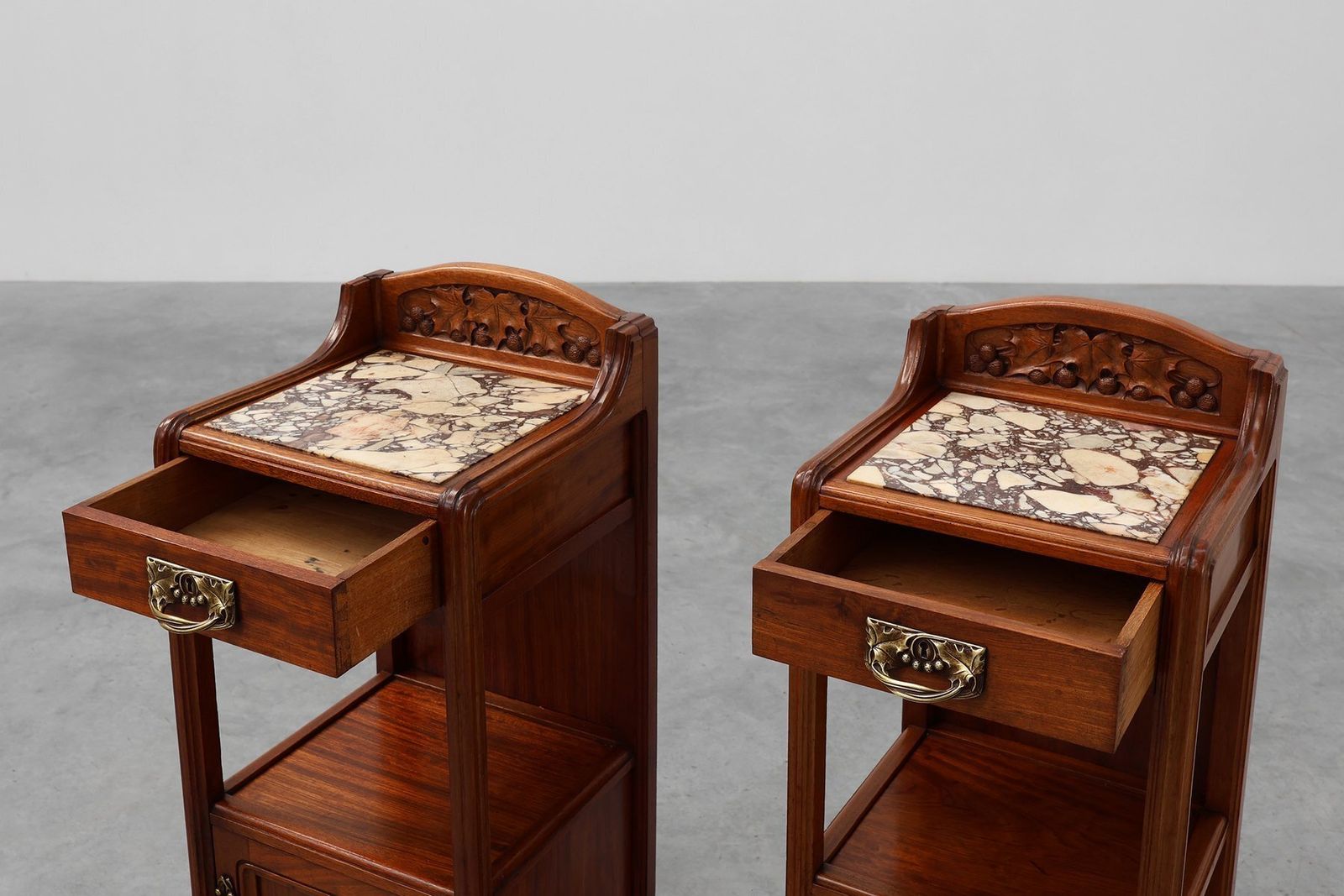 photo for sale Art Nouveau Nightstands With Marble Top Attributed To Paul Alexandre Dumas, France, 1910s, Set Of 2